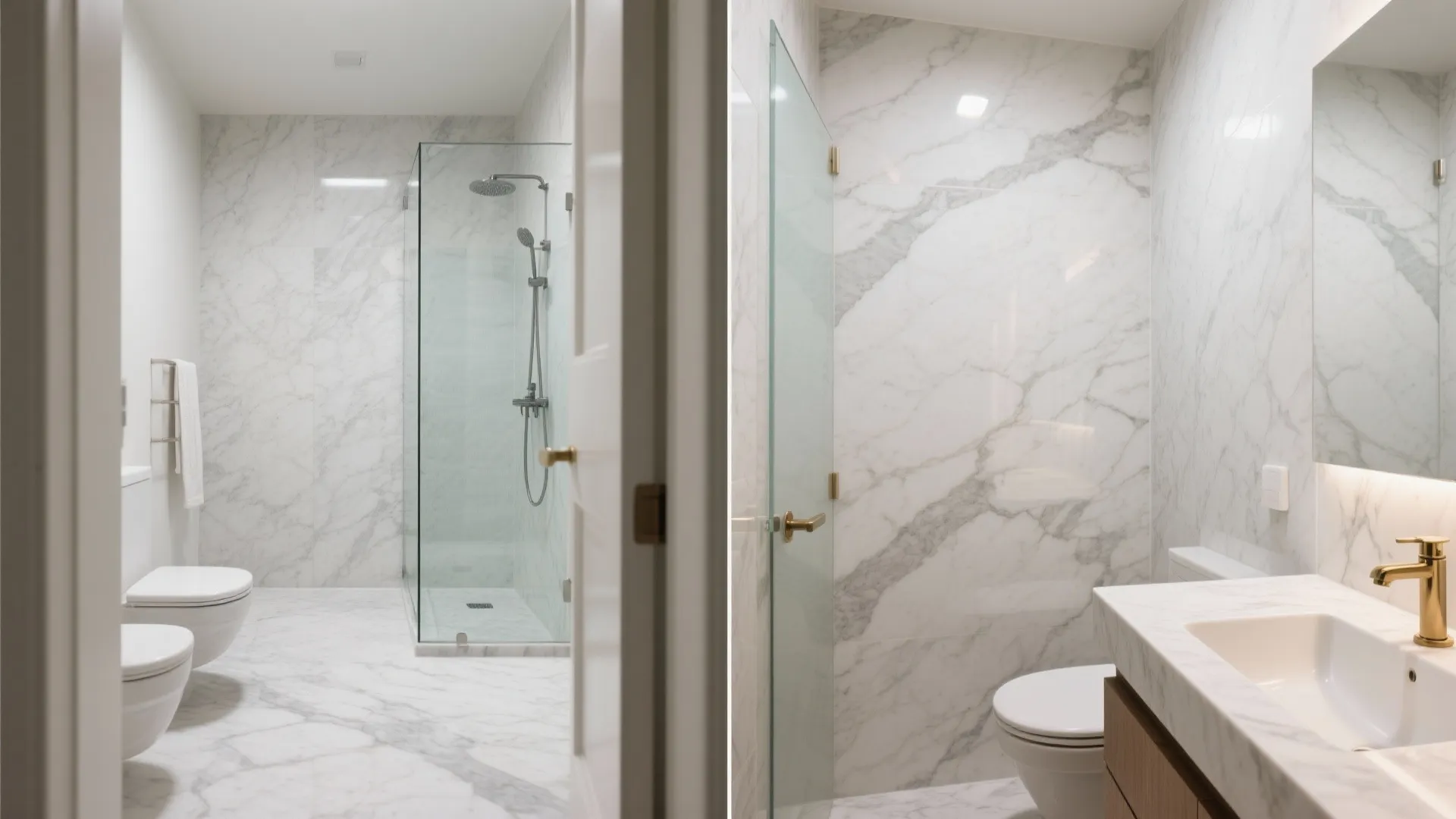 Small bath showing honed marble floor for grip and polished marble walls for sheen.