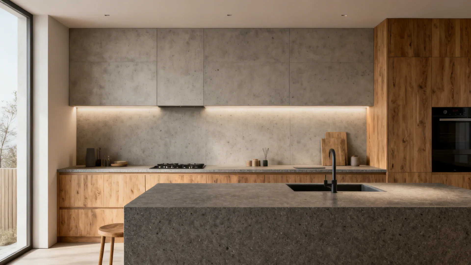 Honed matte granite countertop with a cement-look large-format backsplash and warm wood accents in a Scandinavian kitchen.