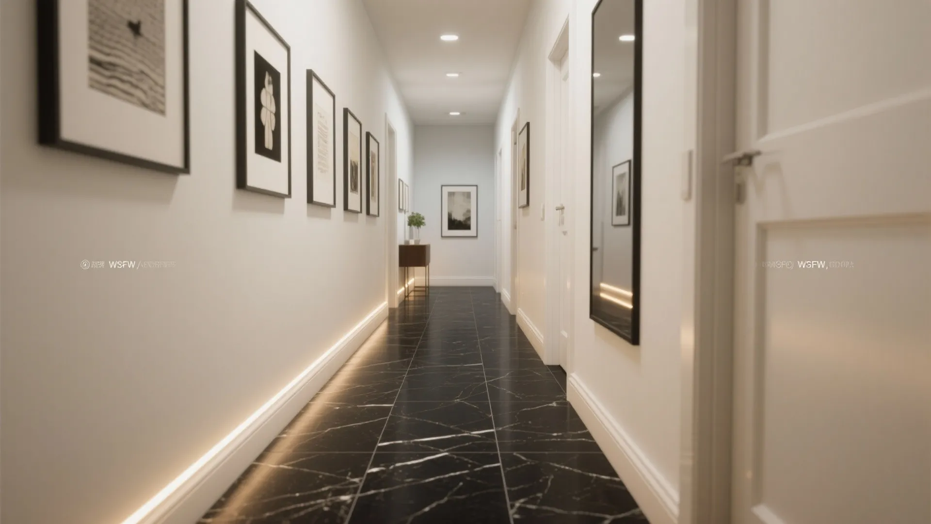 Honed black granite hallway with off-white walls and picture rail lighting for a gallery feel.