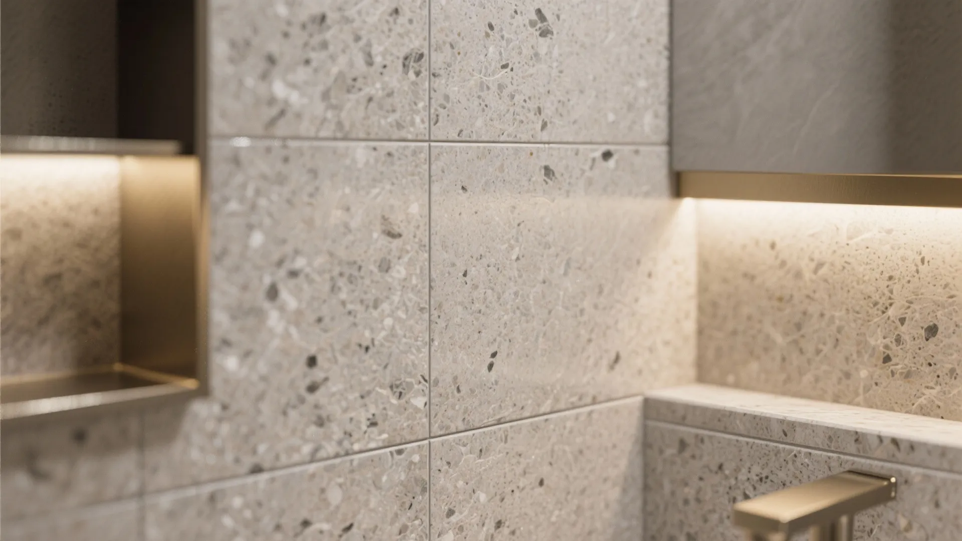 Macro view of honed granite wall tiles with neutral grout and soft matte texture.