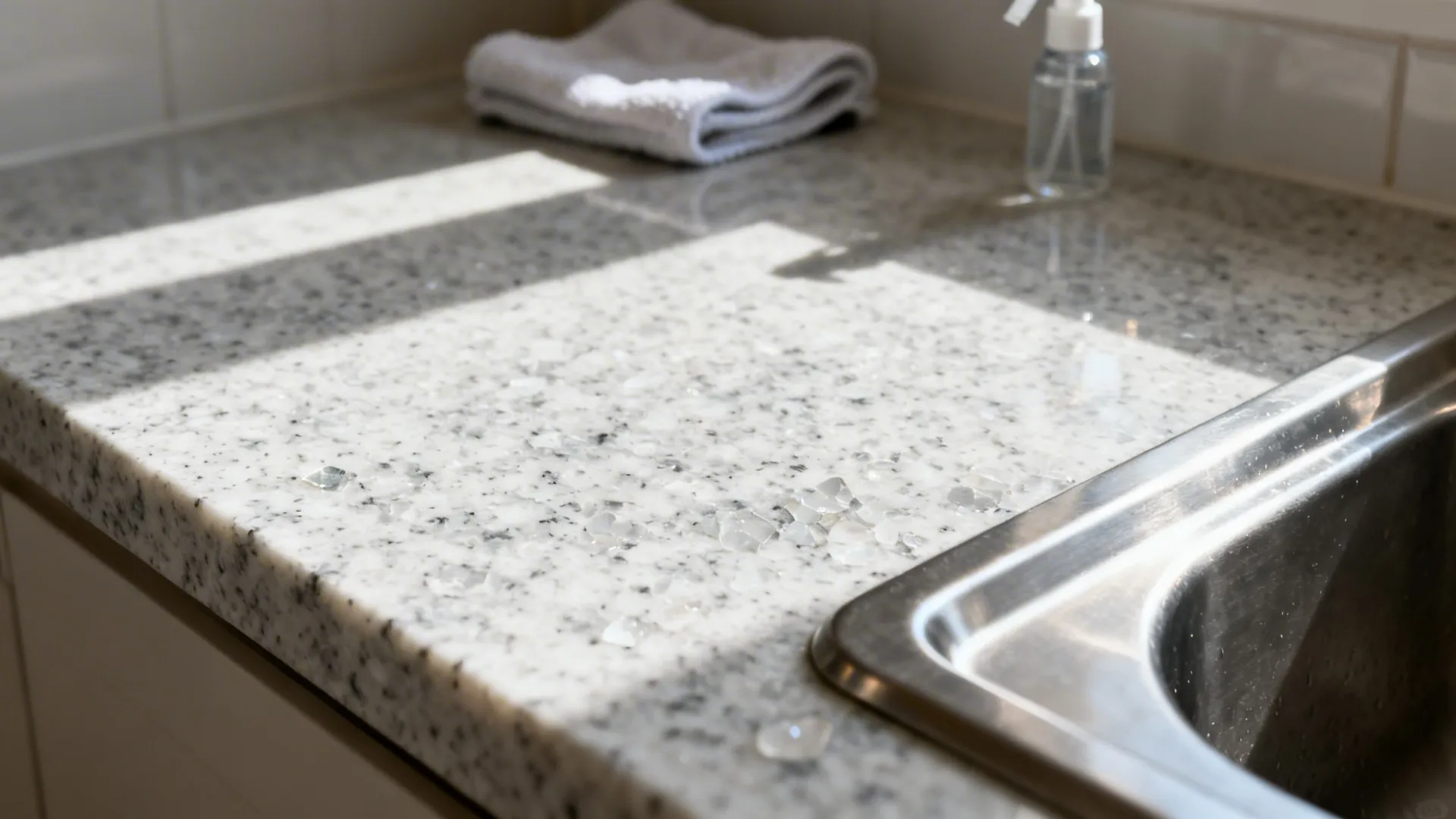 Close-up of honed matte white-grey granite with low glare near an undermount sink.