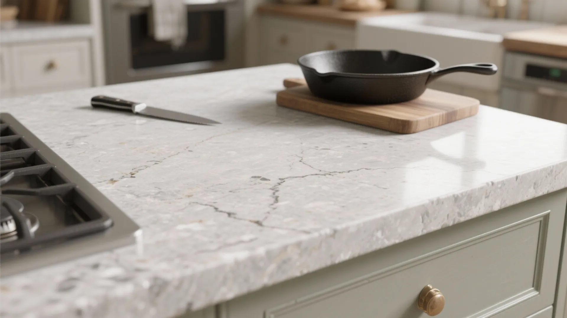 Grey marble kitchen island featuring a black frying pan on a wooden board and knife