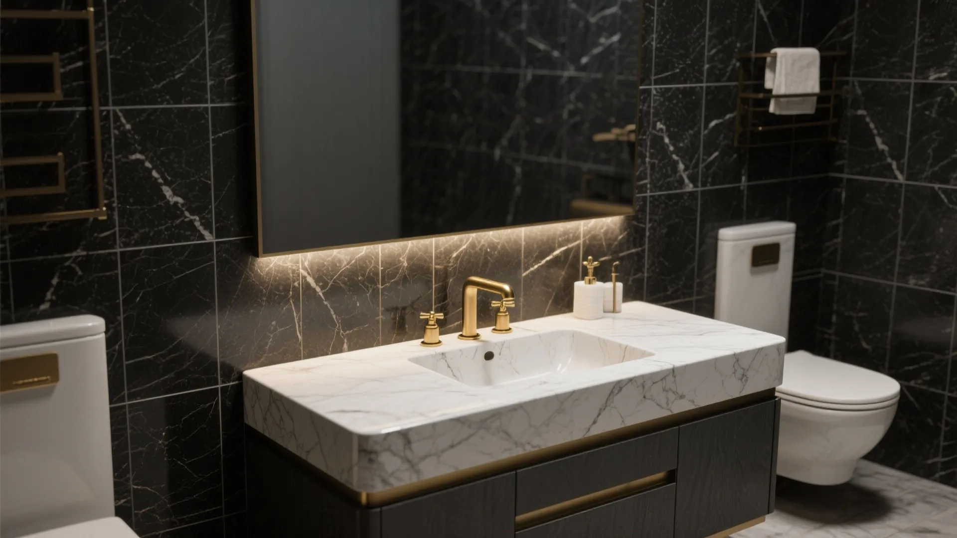 3. Accent wall with honed black granite tiles