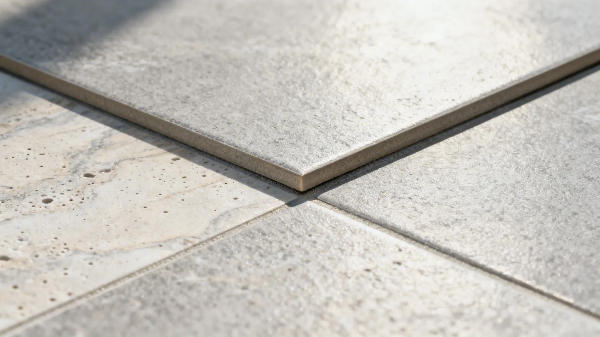 Macro of honed grey stone-look porcelain with soft movement and low sheen.