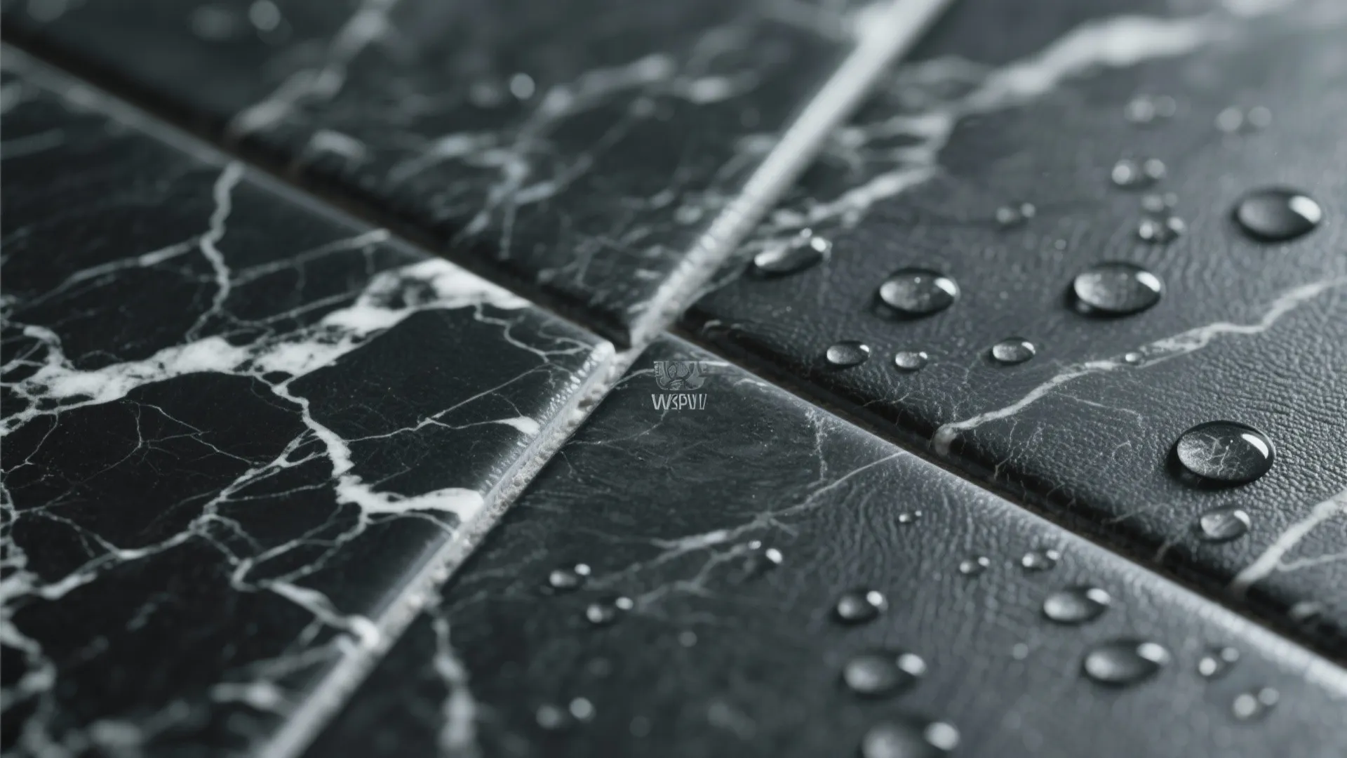 Macro of honed and leathered black marble tiles with subtle white veins and water droplets illustrating tactile, low-glare texture.