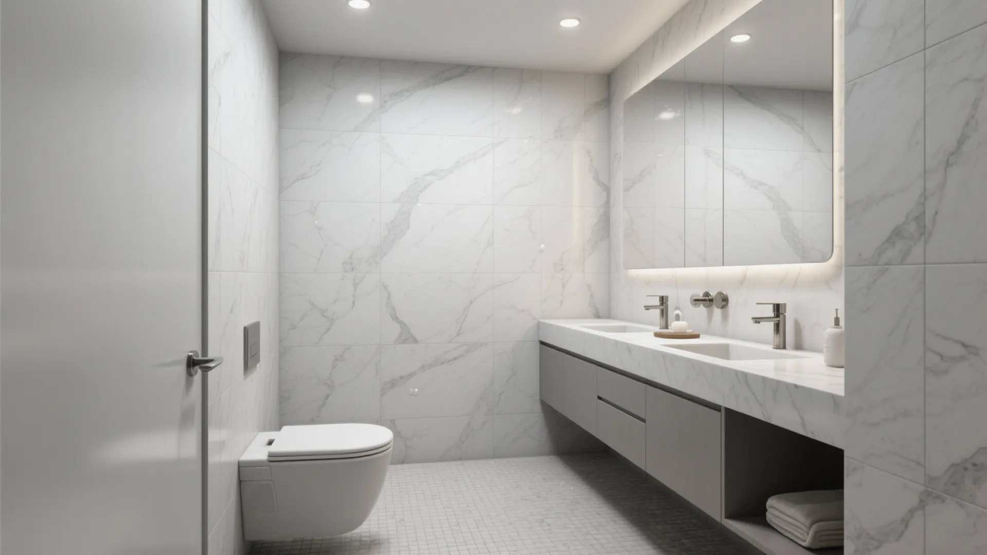 Small bathroom with honed marble walls and a textured porcelain floor under soft, low-glare lighting.