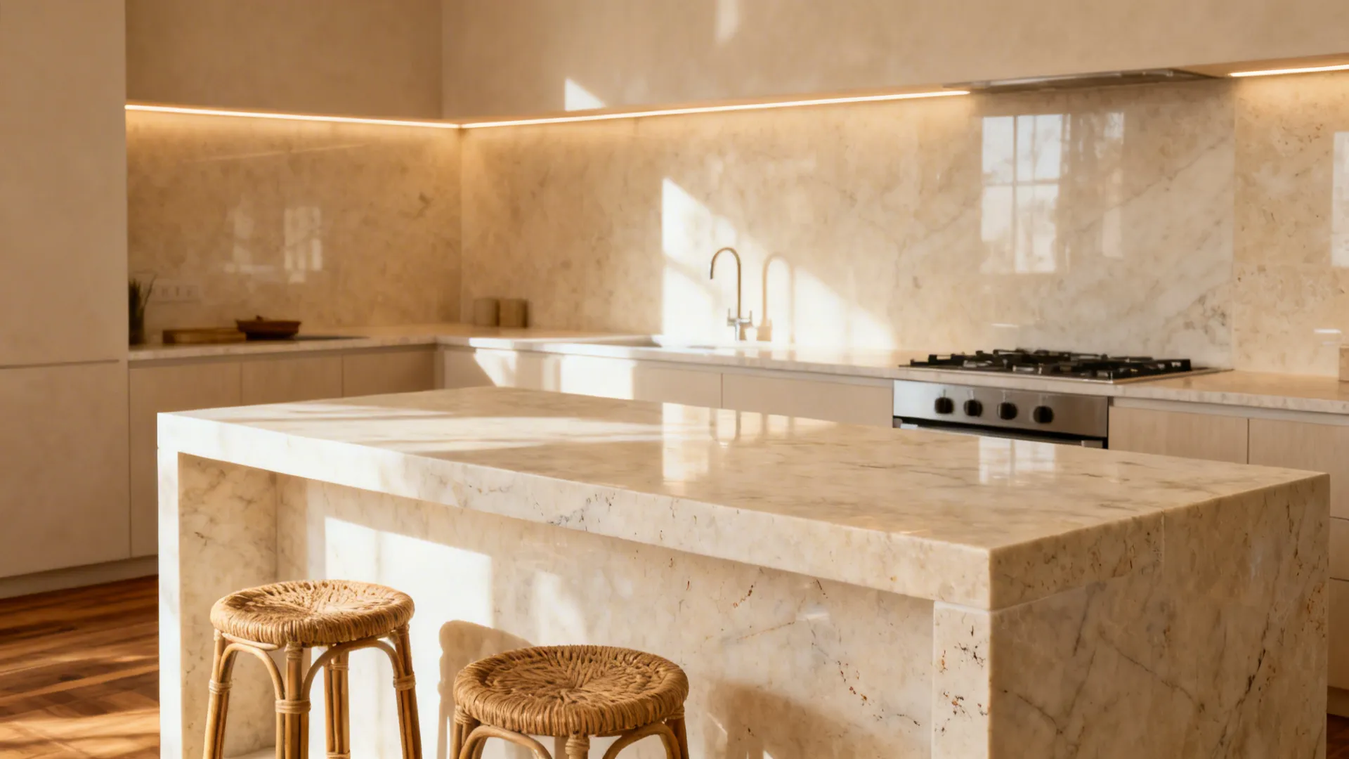 Honed light marble counters with full-height splash in a warm, low-glare kitchen