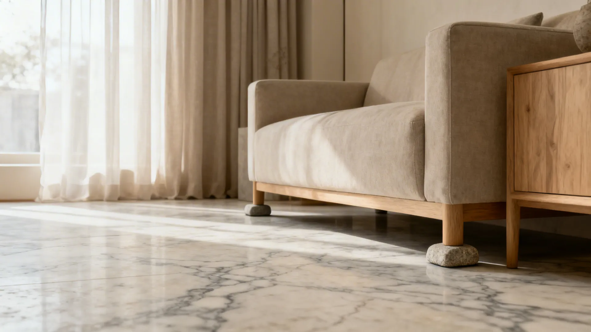 Close view of beige sofa on white marble floor with natural sunlight from large curtains