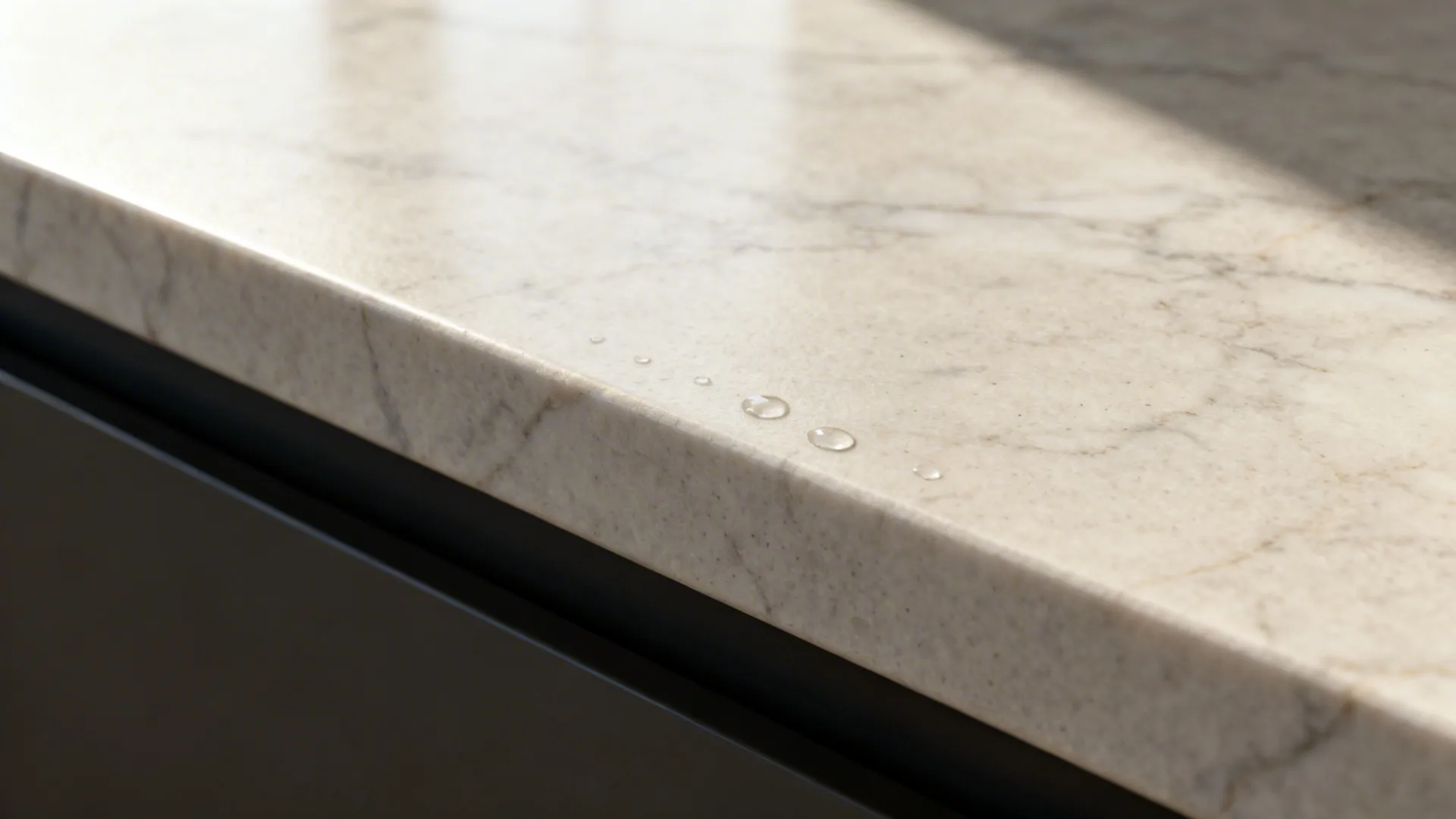 Macro of honed marble with soft matte texture and eased edge profile