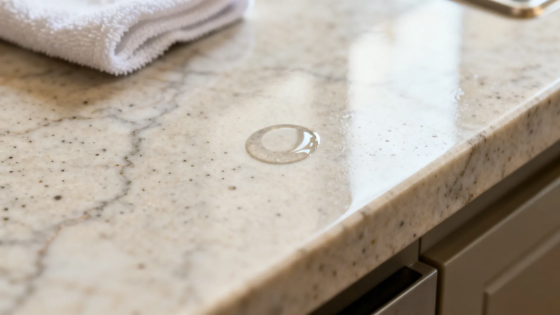 Macro of honed marble with a water drop beading on the sealed surface and subtle veins.