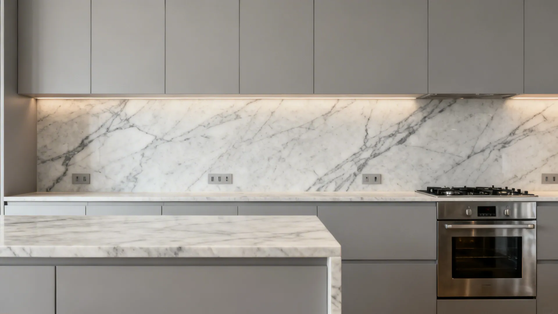 Soft grey cabinets with a honed marble slab backsplash and subtle veining.