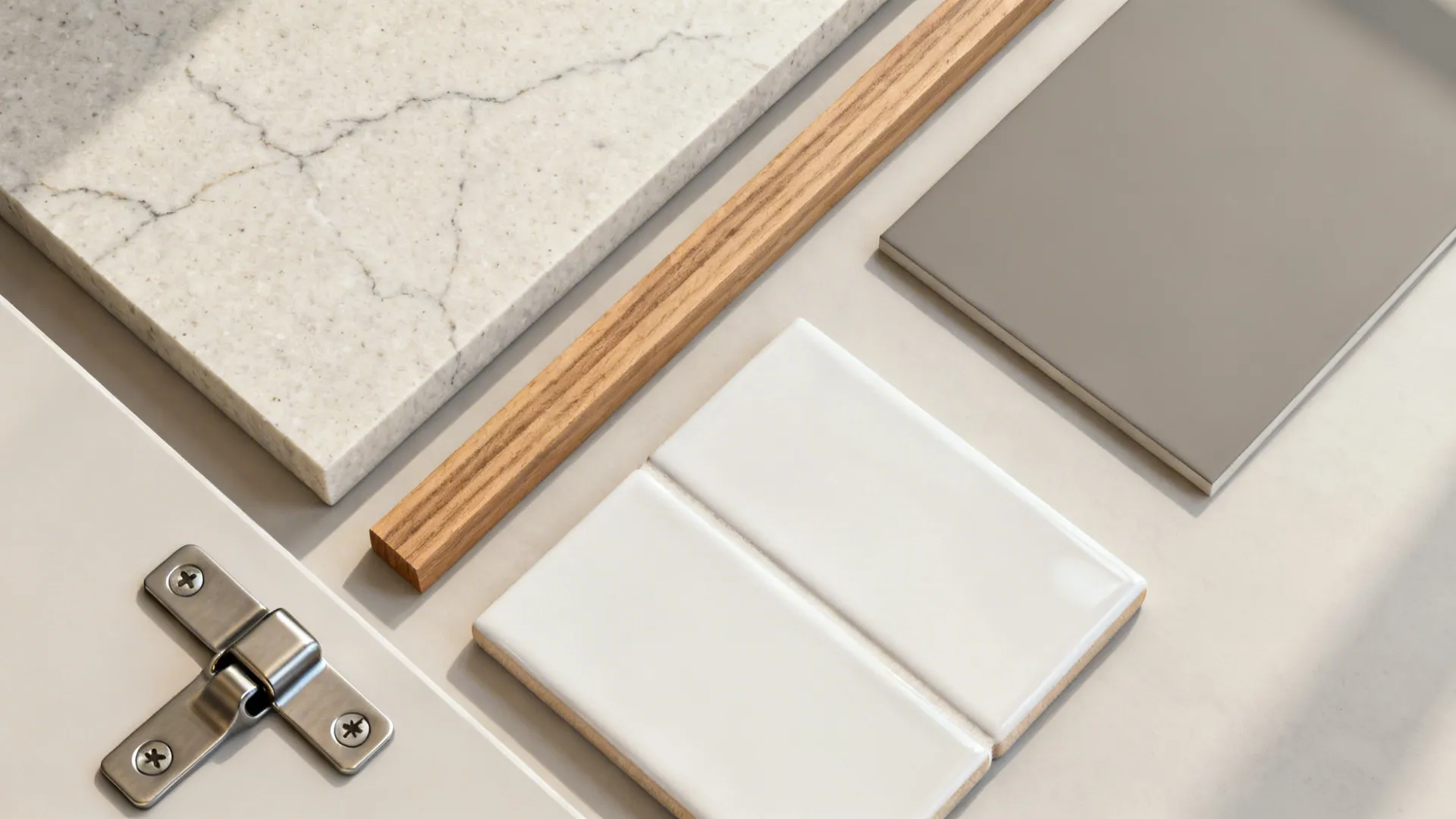 Top-down flatlay with honed quartz, warm gray matte paint, oak accent, and hardware in soft light.
