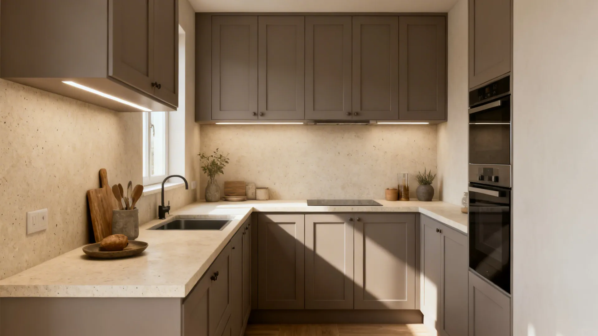 Studio kitchen with honed quartz counters and warm gray matte shaker cabinets under soft daylight.
