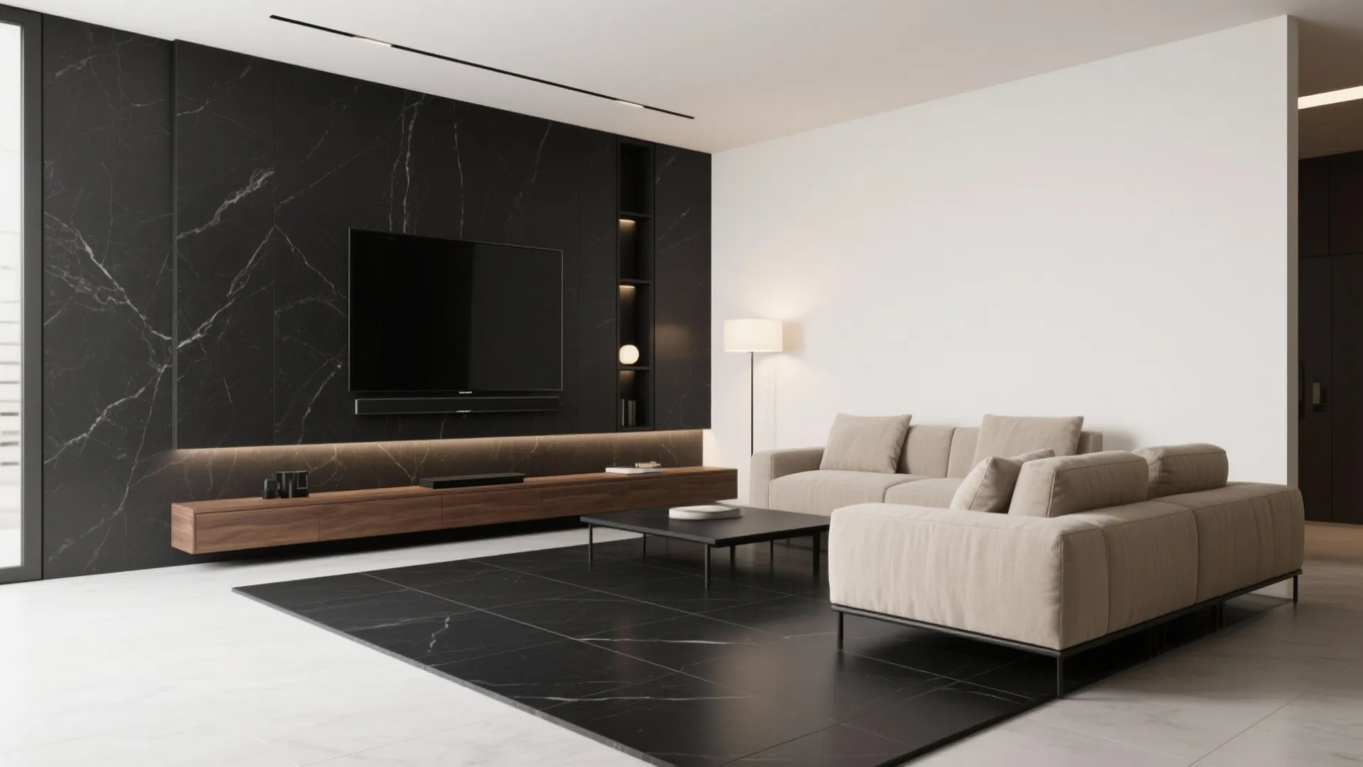 Modern living room with black marble wall beige sofa floor lamp and wooden tv cabinet