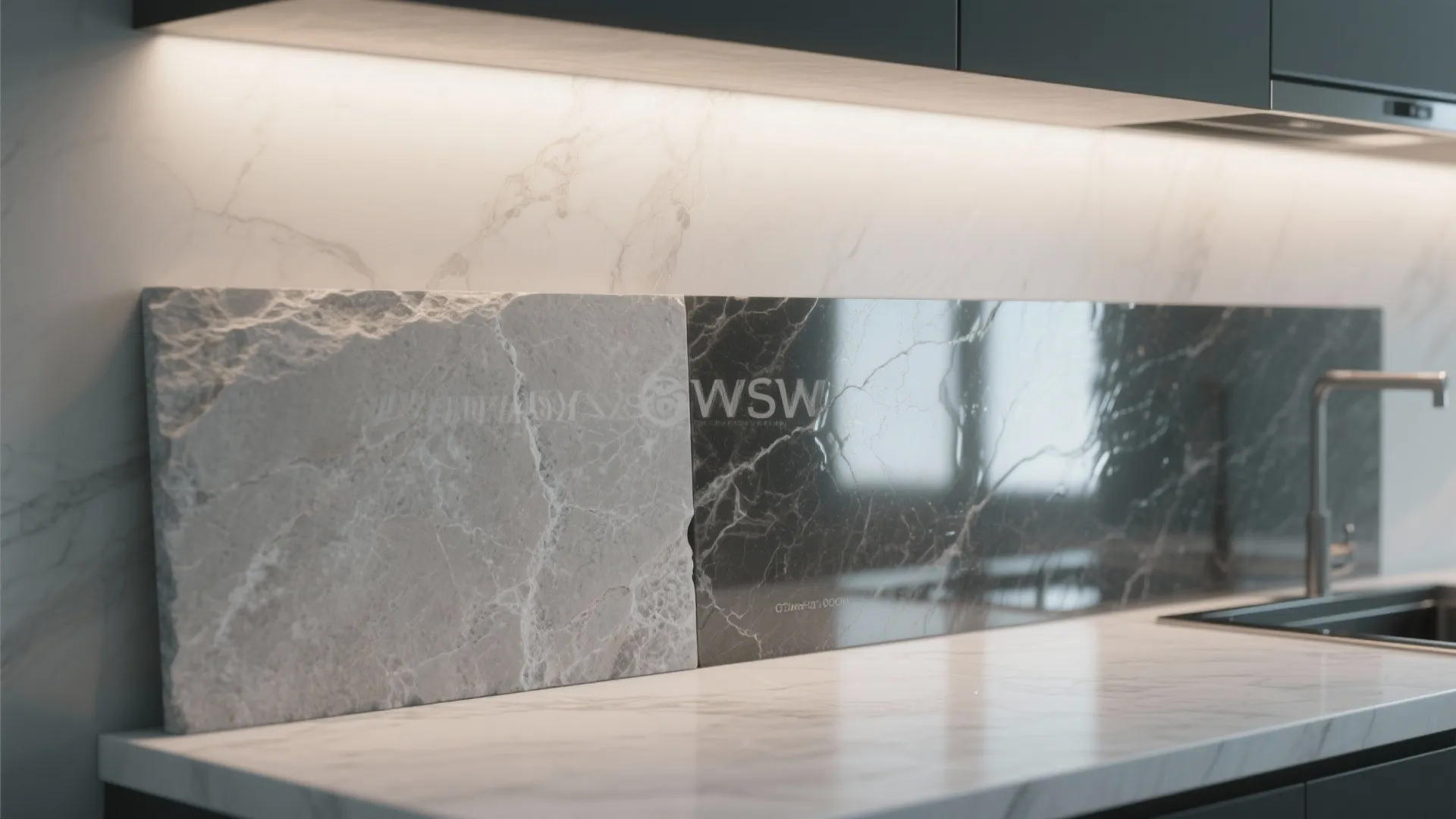 Side-by-side comparison of honed (matte) and polished (glossy) stone finishes in a small backsplash niche.