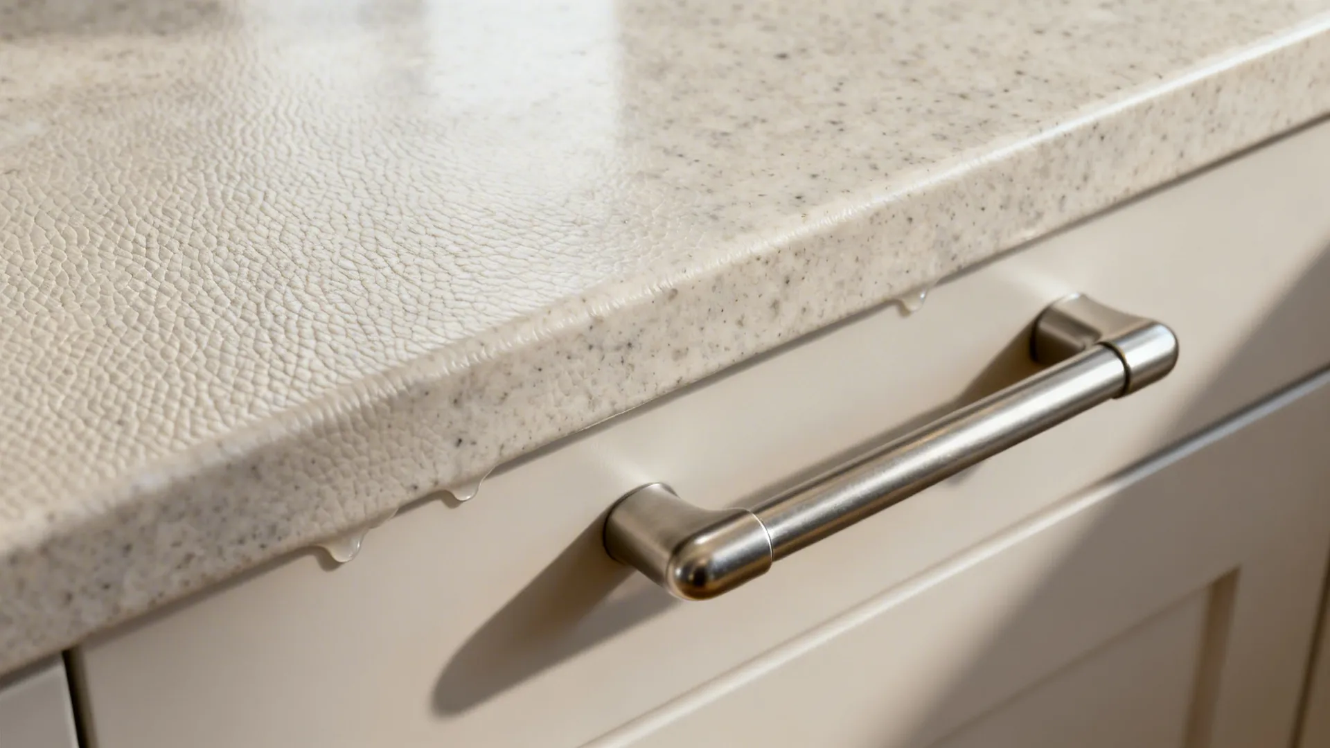 Close-up of a honed quartz counter with a rounded edge and a brushed nickel D-pull handle for better grip.