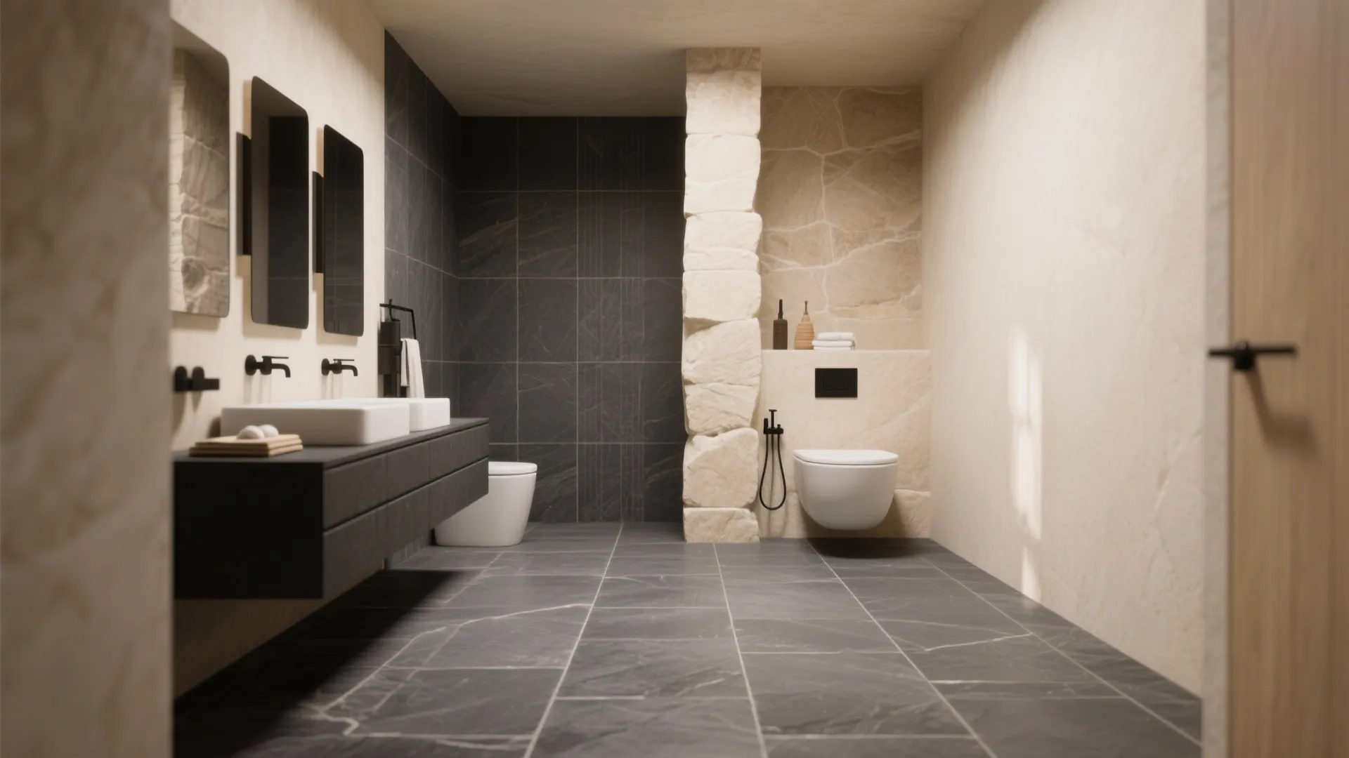 Modern bathroom with dark grey floor tiles white wall toilet stone wall and black cabinet