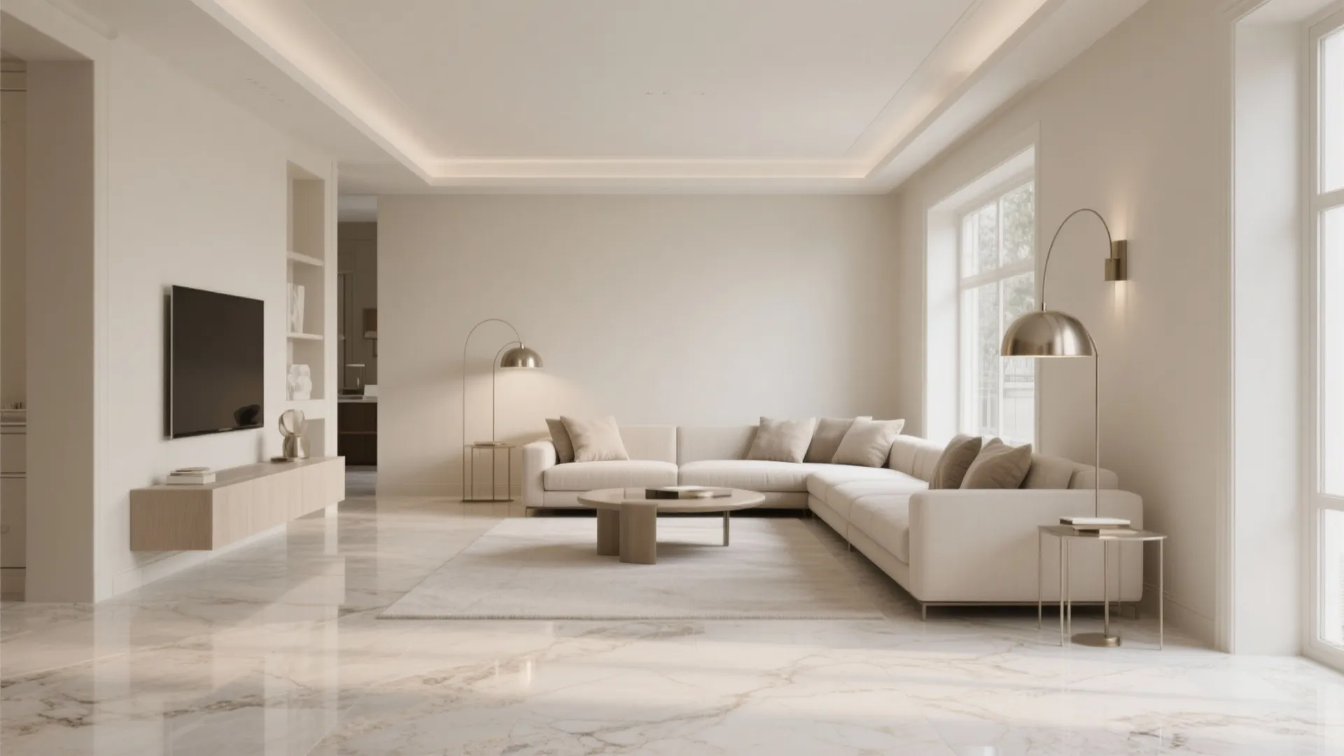 Minimalist living room with white sofa and marble floor tiles under warm wall light fixtures