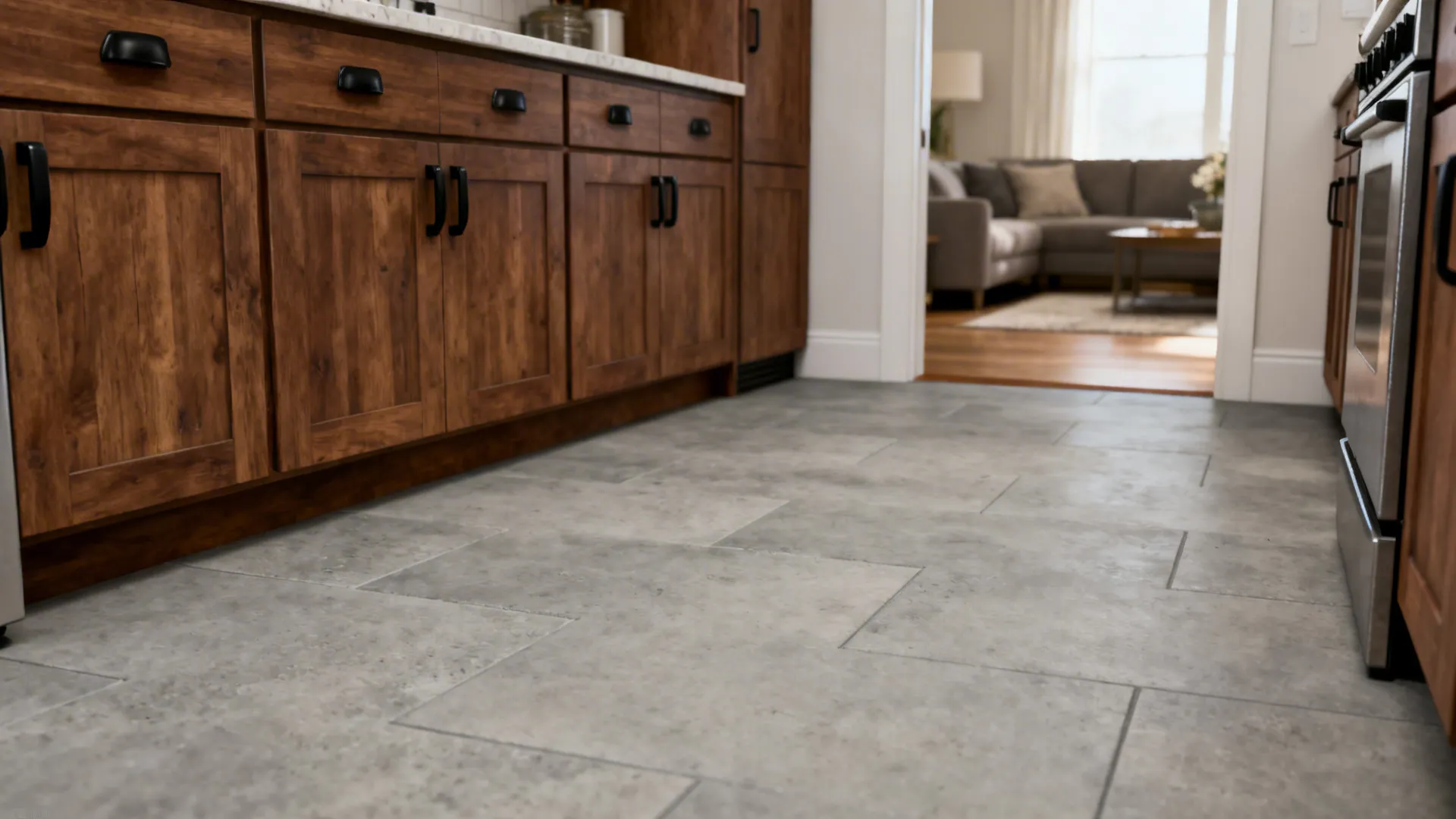 Urban kitchen with honed grey stone-look porcelain floor and walnut cabinetry.
