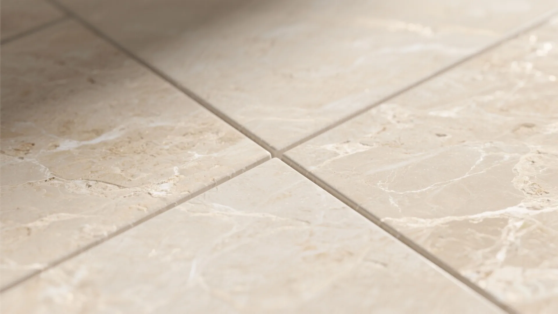 Close up of beige floor tiles with natural marble texture and thin grey grout line detail