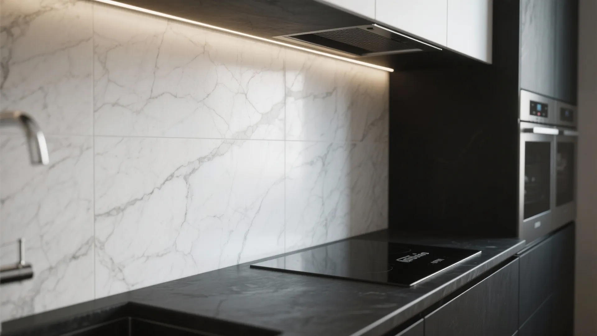 Modern kitchen with marble wall panel dark cabinets electric stove and built in silver ovens