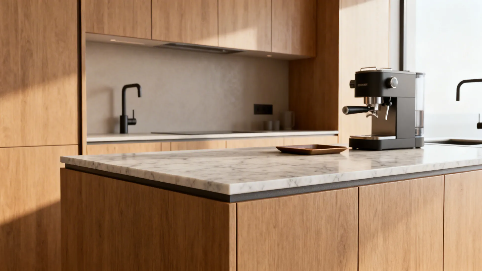 Minimal kitchen with a honed marble counter, 20 mm thin edge, micro-bevel, and warm wood cabinetry.