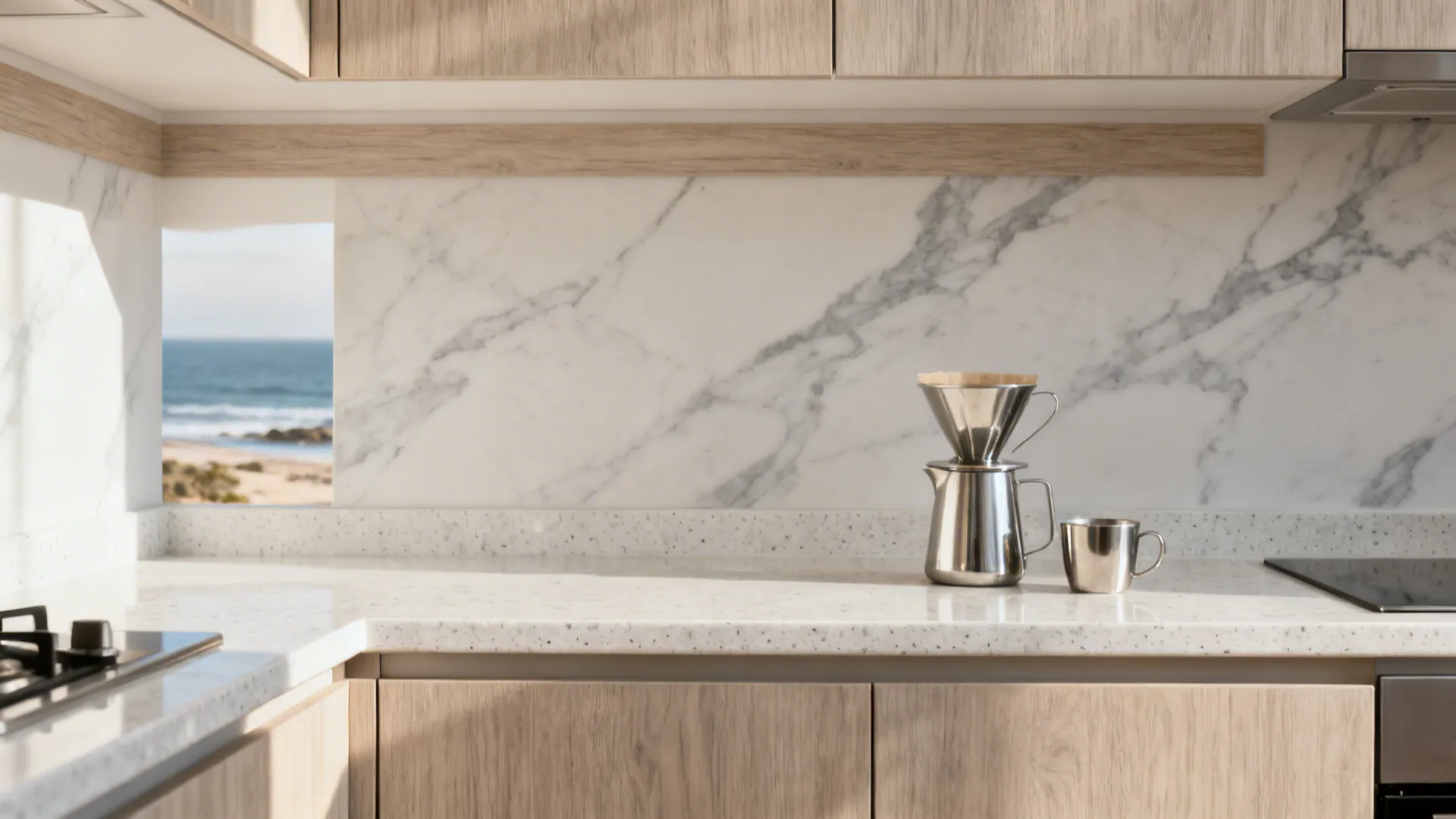 Honed Viscont White granite with subtle gray veining and light wood cabinets in a bright small kitchen.