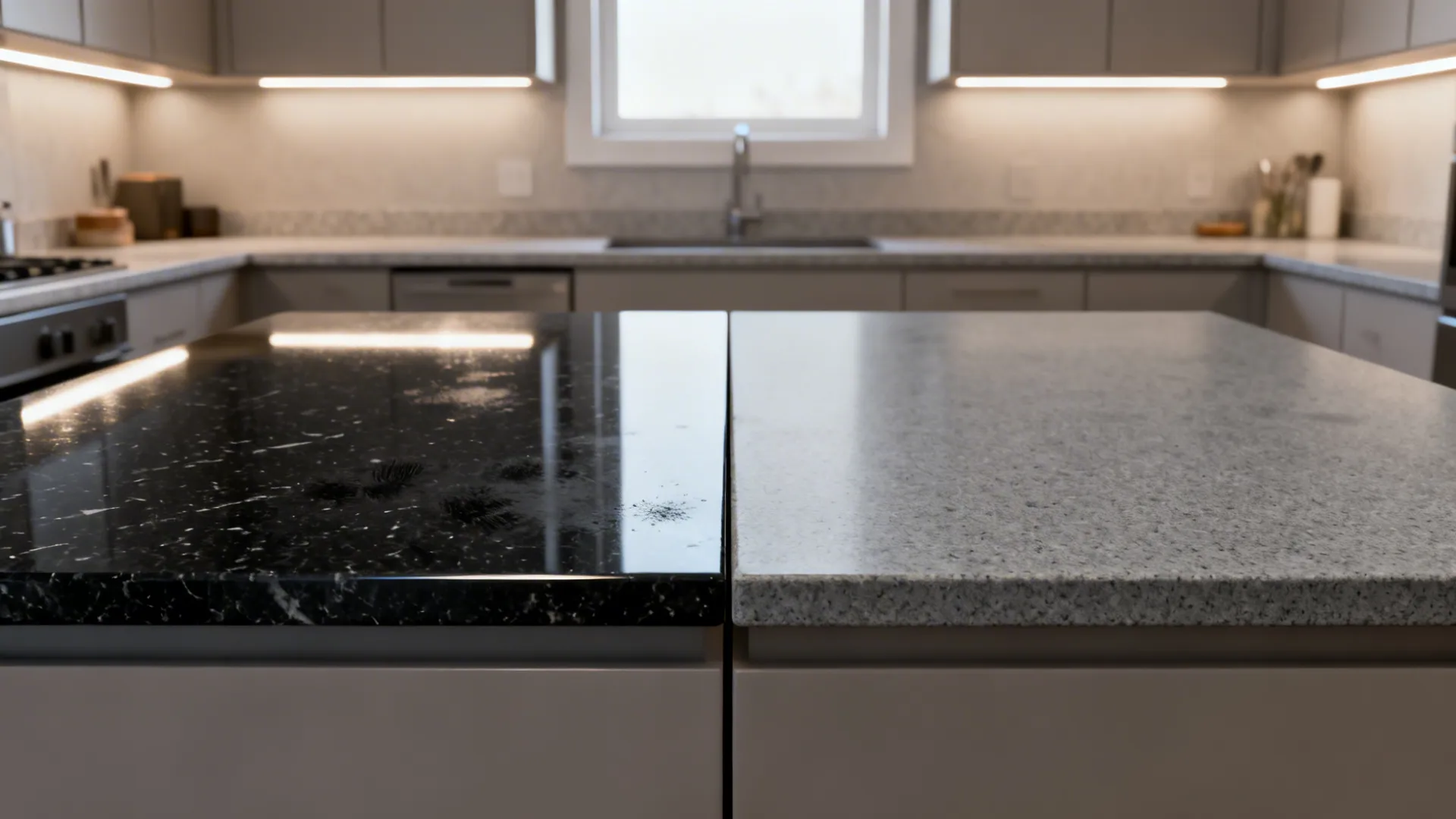 Side-by-side view of polished black granite and honed gray quartz surfaces under the same light in a compact kitchen.