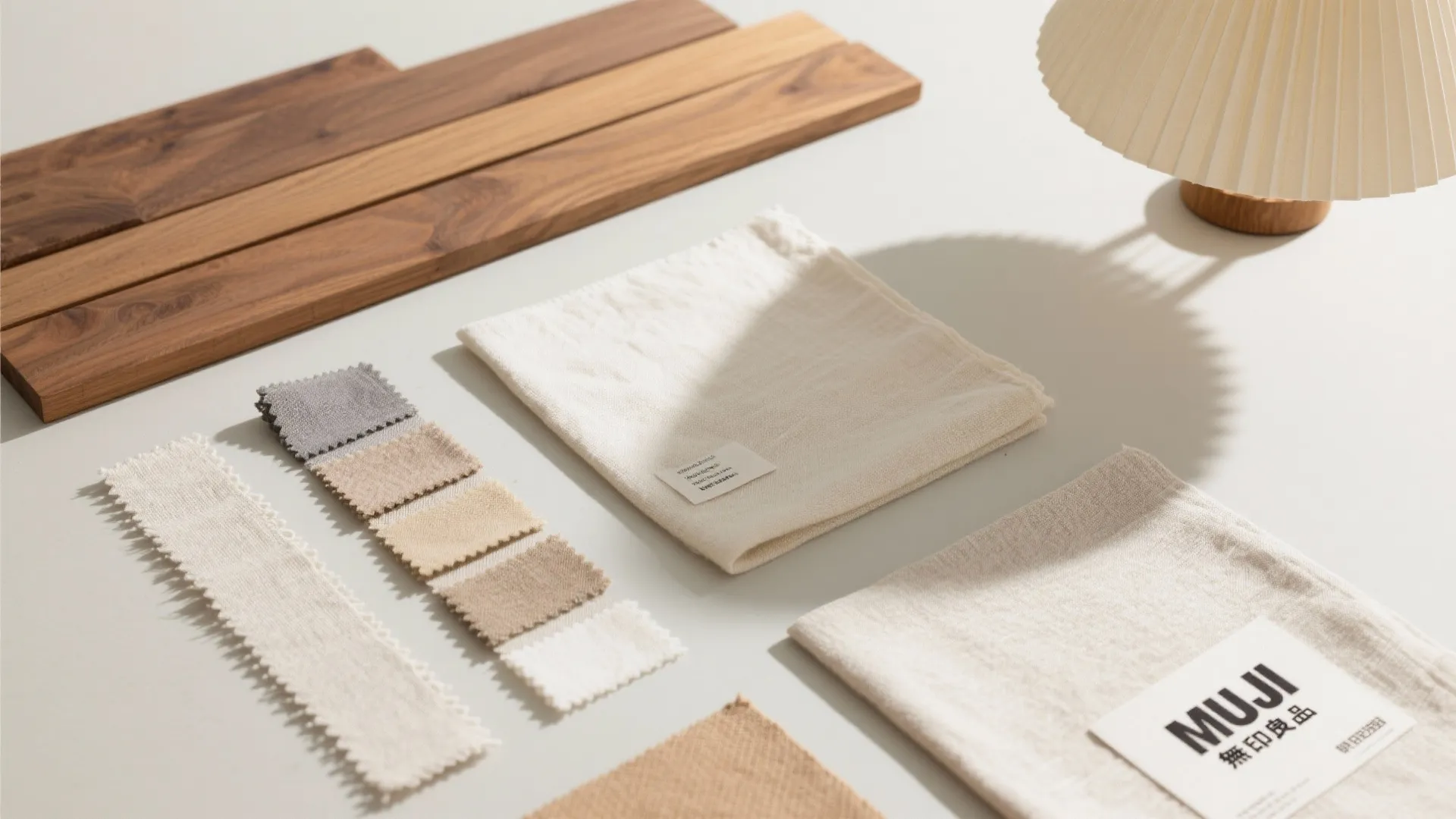 Flat lay of oak, cotton, linen, and paper materials
