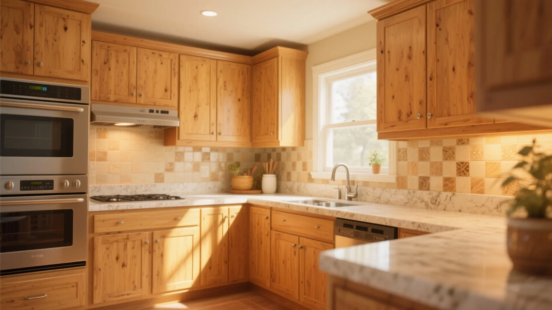 Bright kitchen featuring honey maple cabinets and warm golden tones with coordinated samples nearby.