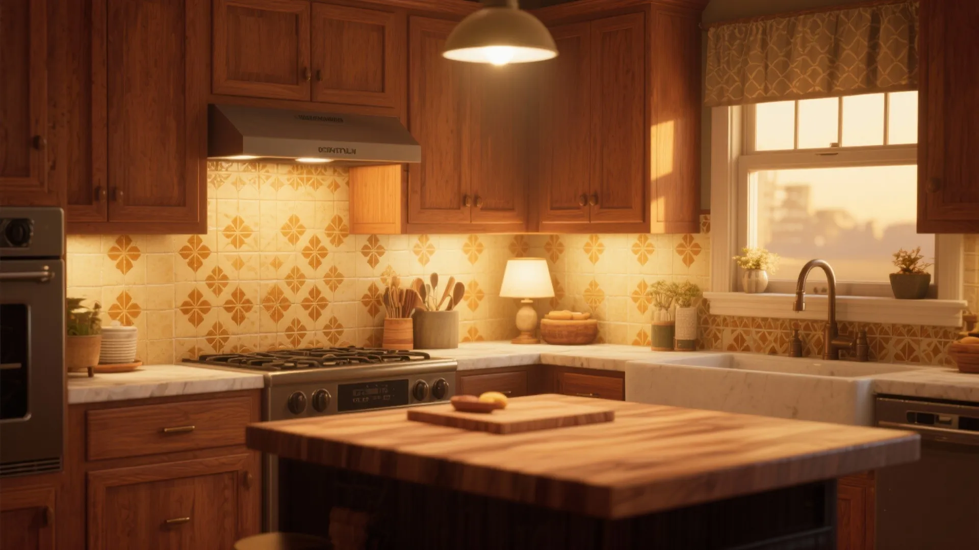 Warm kitchen with wood cabinets patterned tile backsplash kitchen island ceiling light and large white sink