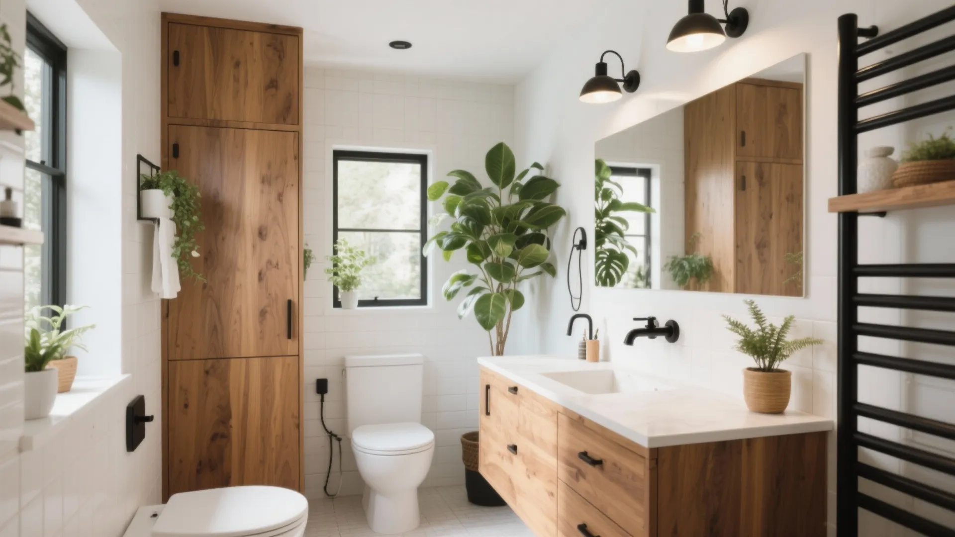 Modern bathroom with honey oak cabinets white tiles green plants black wall lights and mirror