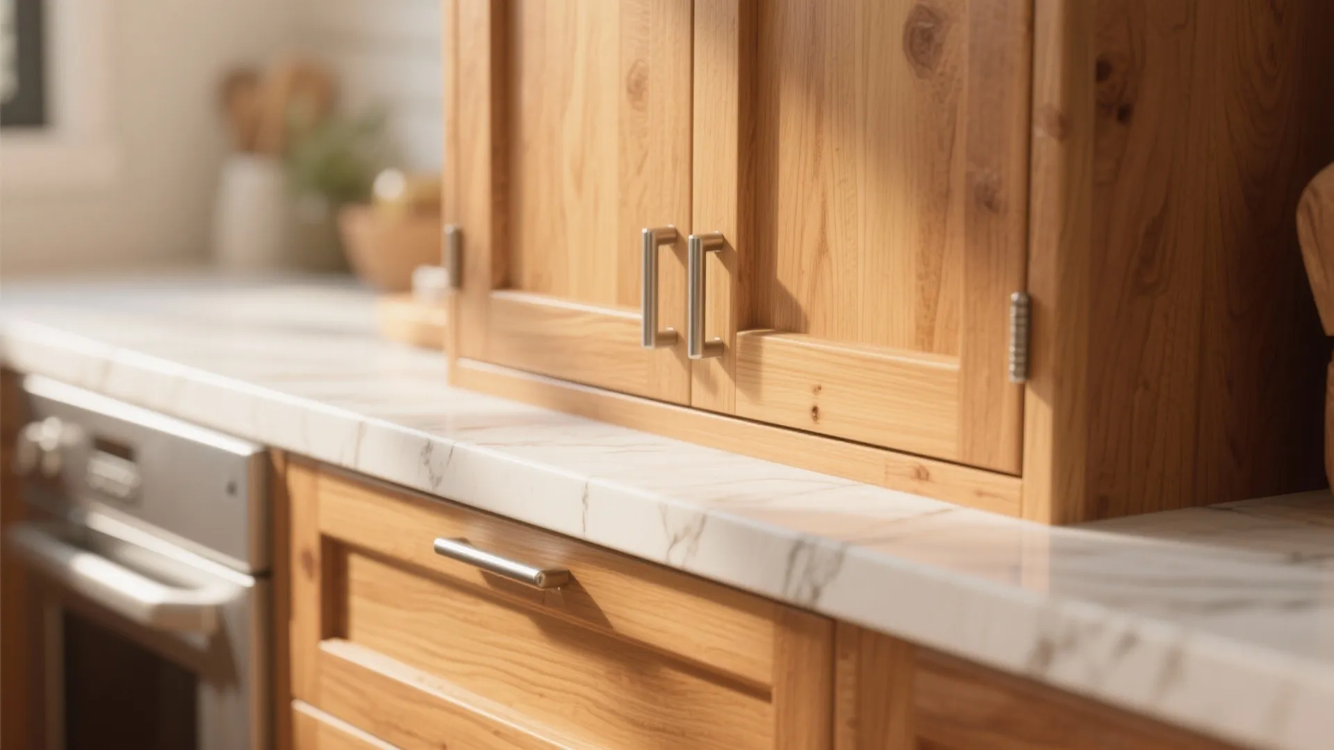 Close up of light wood kitchen cabinet with metal handles and white marble stone countertop