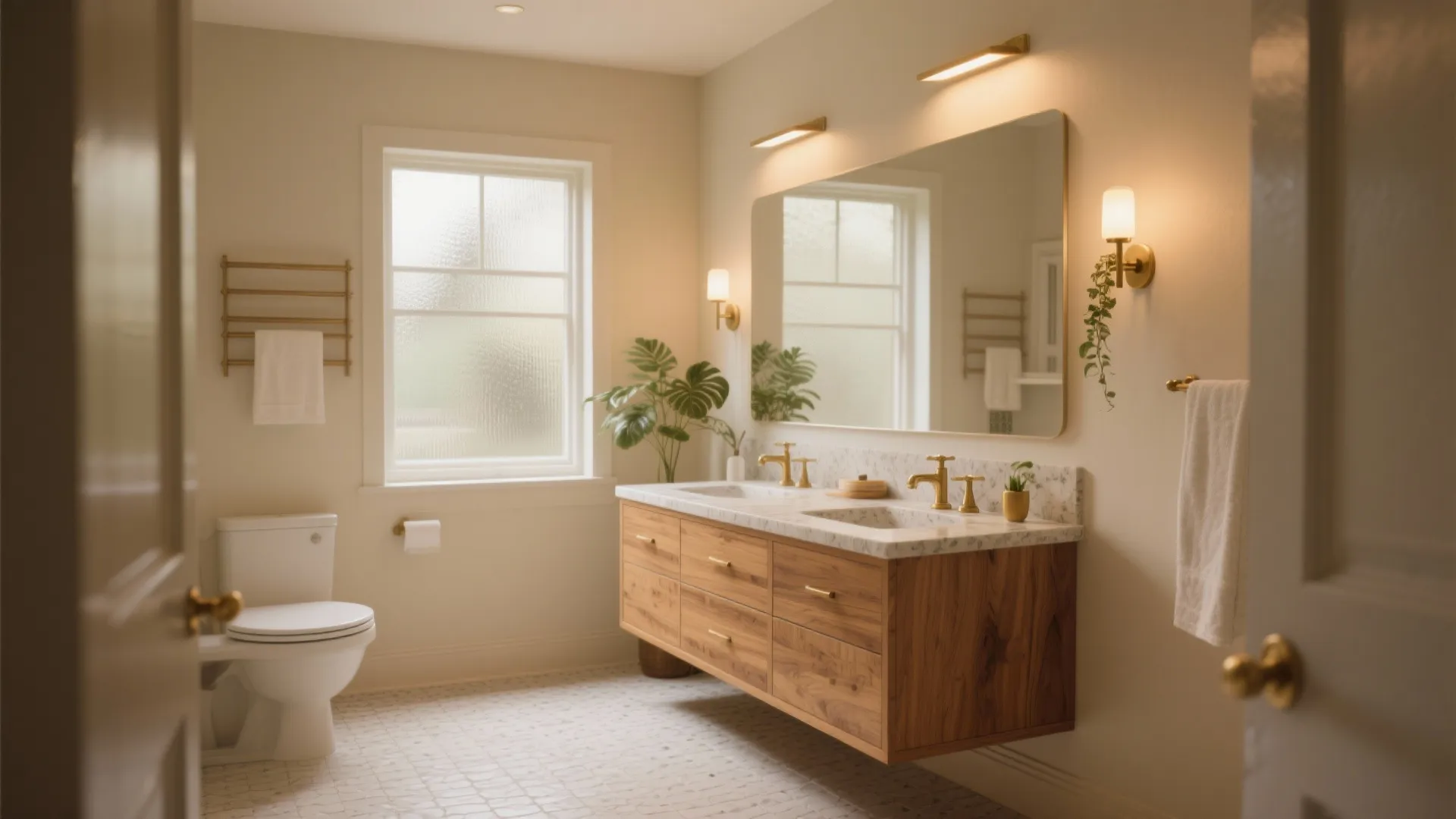 Modern bathroom with wooden cabinet marble countertop gold light fixture white toilet and tiled floor space