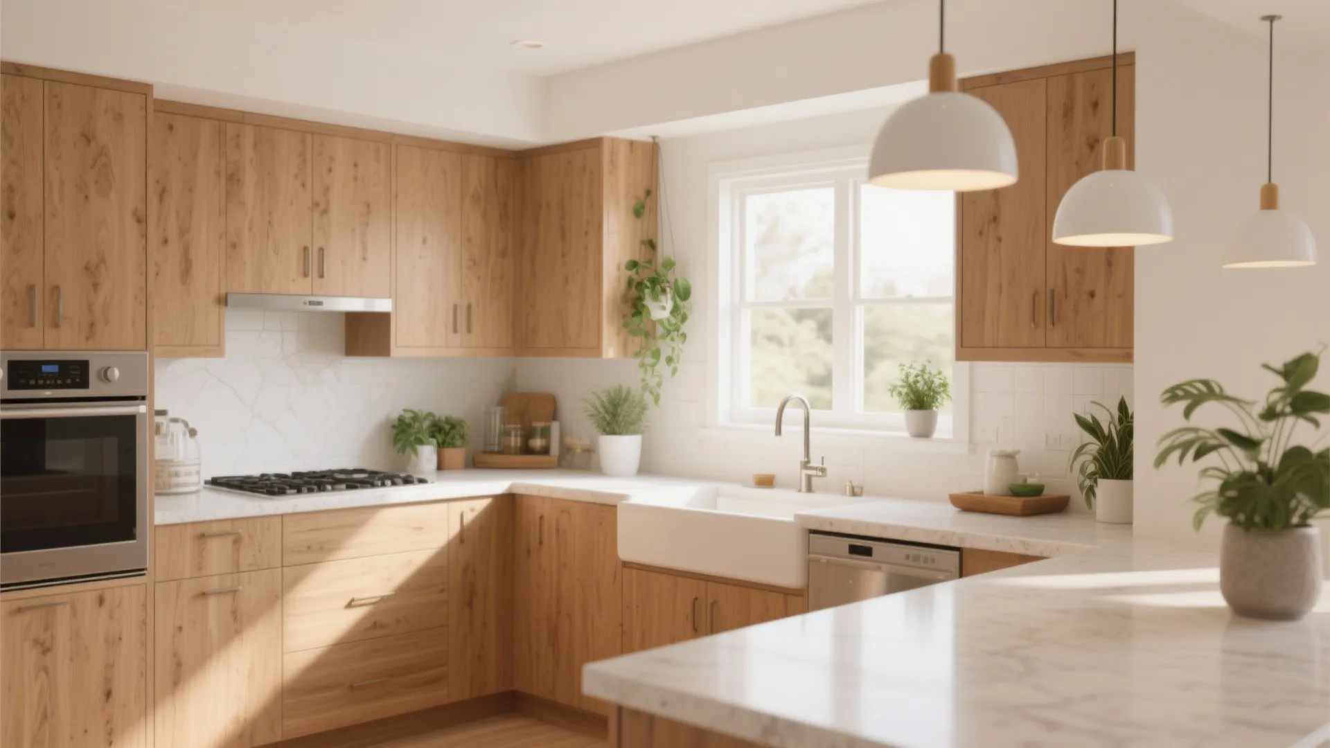 Bright kitchen design featuring light wood cabinets white countertops farmhouse sink and three white ceiling lights