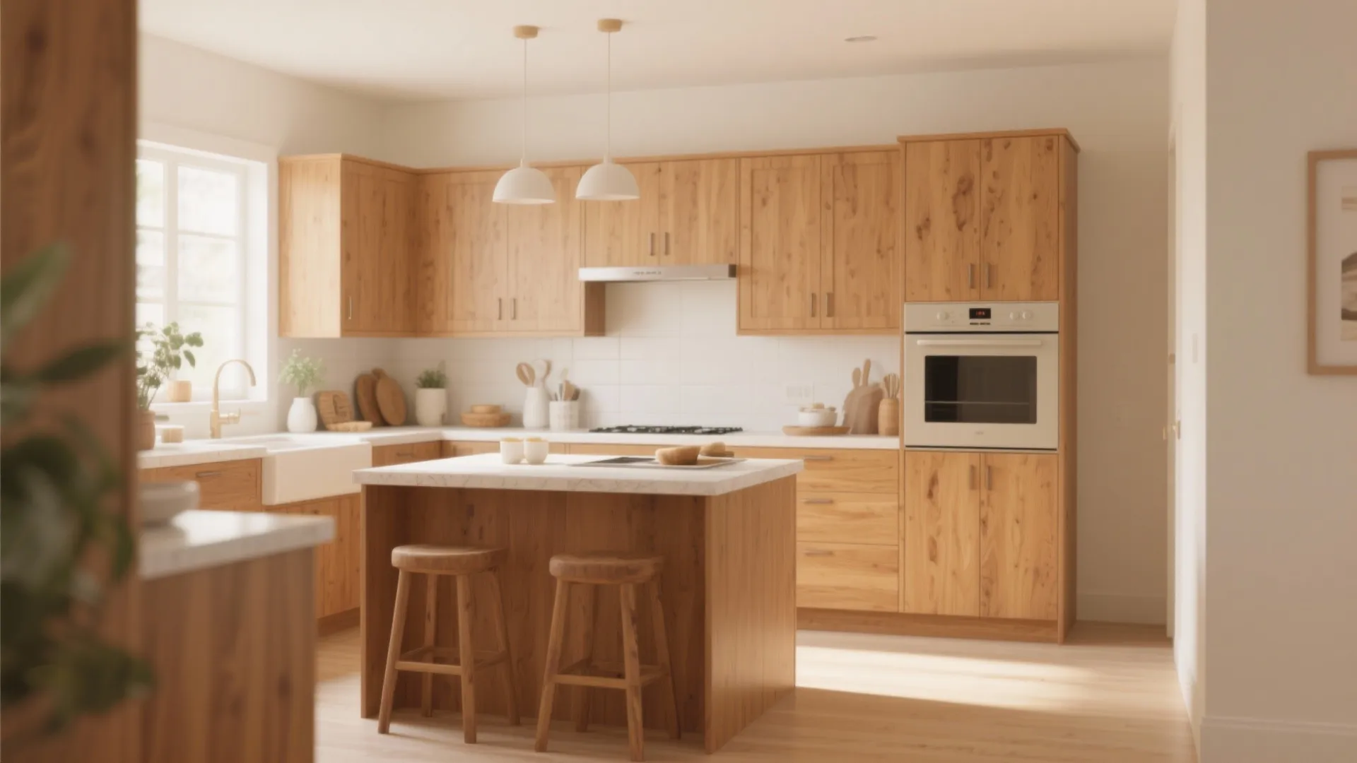 Modern kitchen with wood cabinets white countertops island wooden stools white walls and two ceiling lights