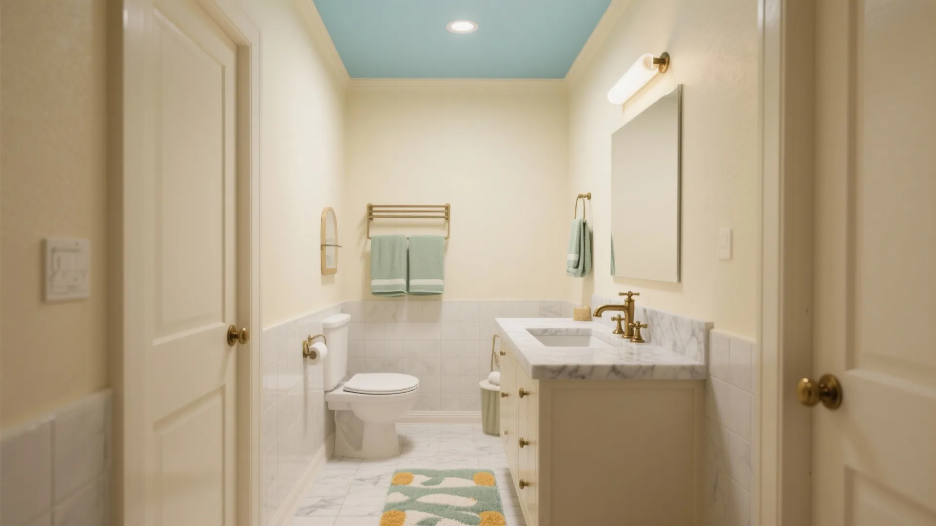 Bright bathroom with blue ceiling cream walls white toilet marble sink cabinet and wall light