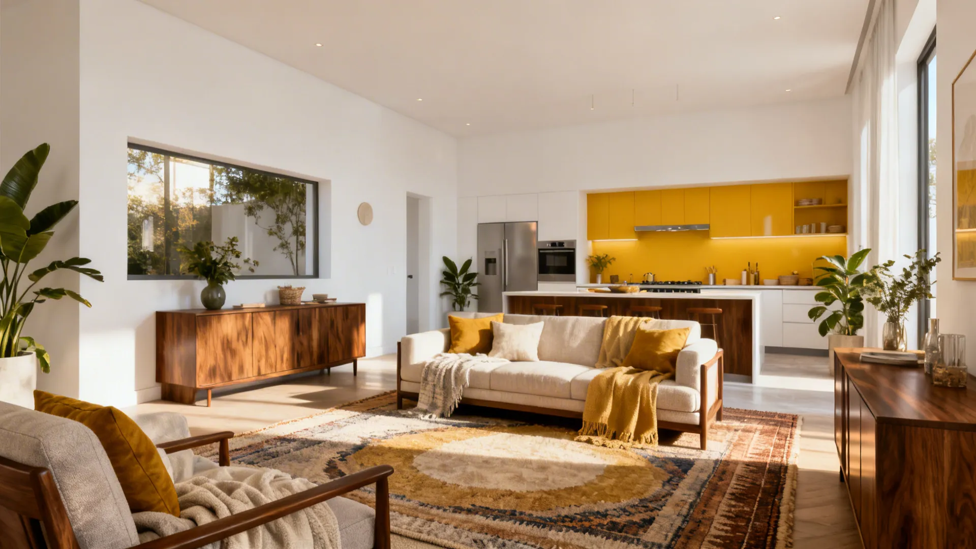 Open living-kitchen with honey yellow accents, warm white walls and walnut furniture
