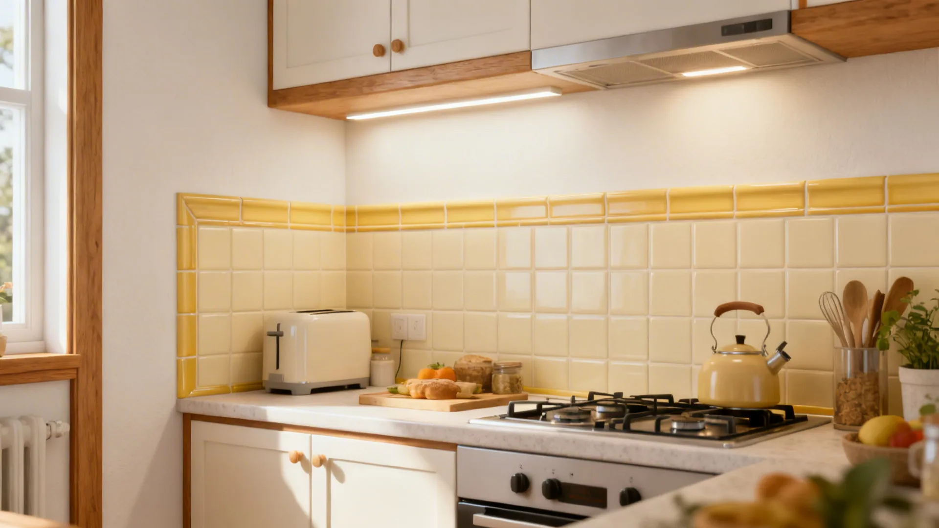 Cream backsplash with a light honey-yellow liner border and wood trims in a small kitchen.