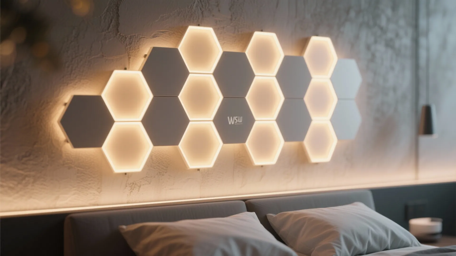 Close-up of honeycomb hexagon LED panels above a bed emitting warm layered light