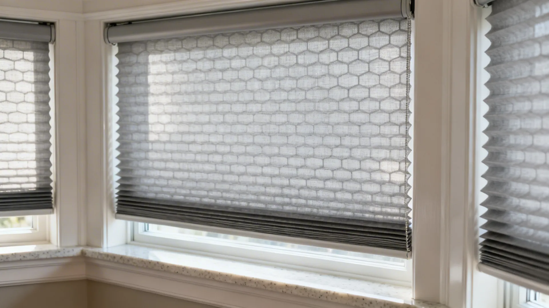 Macro of double-cell honeycomb shade fabric in light gray at a kitchen bay.