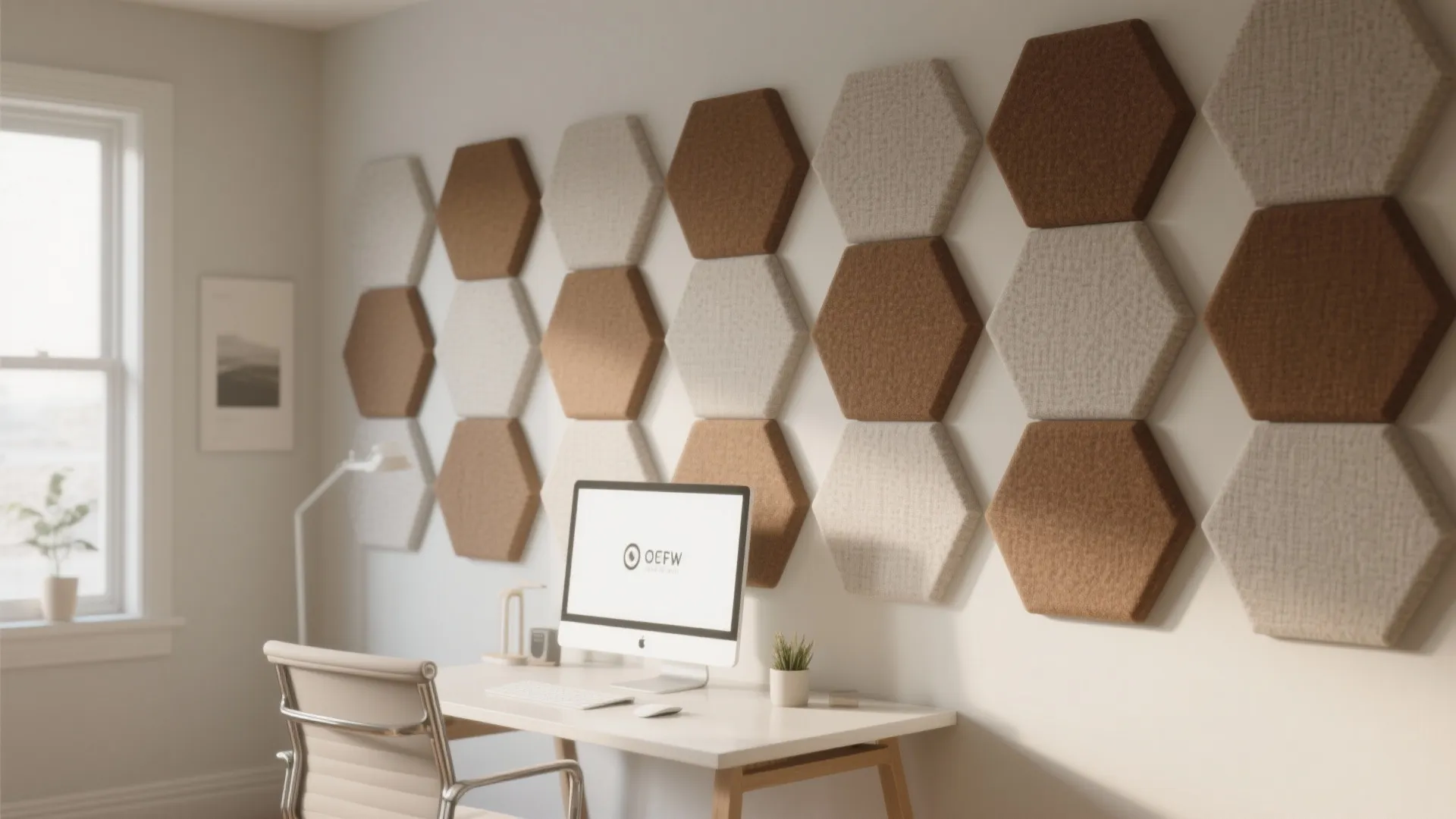 Modern home office with white desk, computer, and many hexagonal wall panels in white and brown