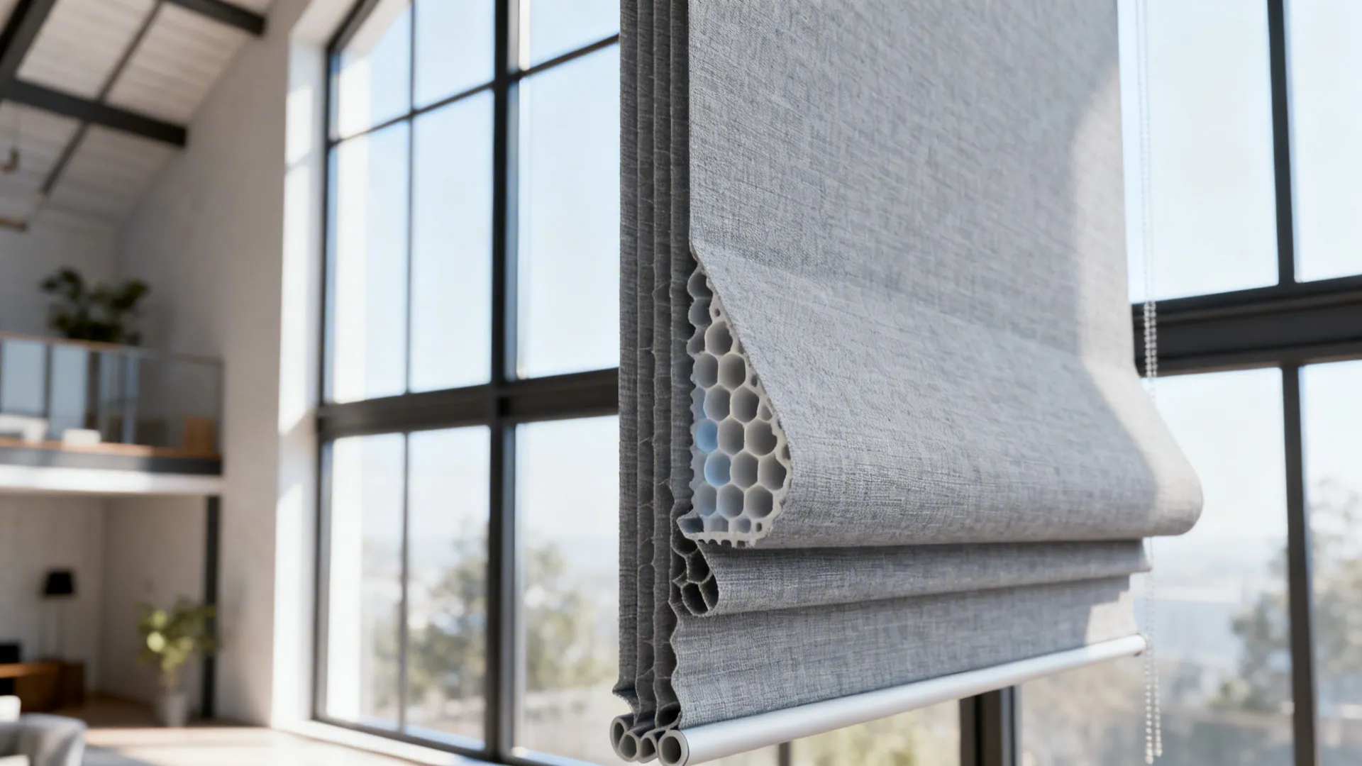 Top-down bottom-up honeycomb shades on a tall loft window showing cellular insulation detail.