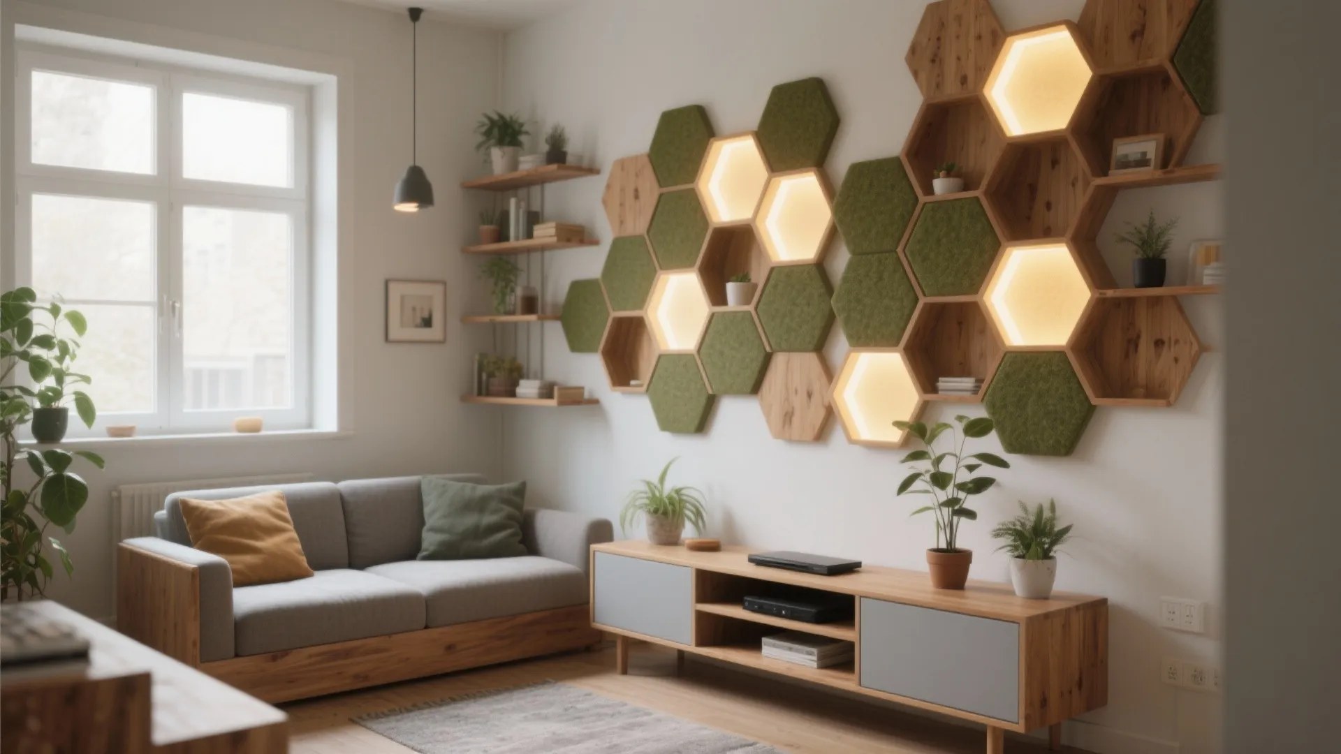 Modern living room with grey sofa and honeycomb wall shelves featuring green panels and lights