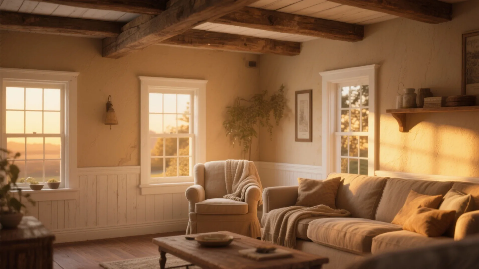 Warm rustic living room with exposed wood beams beige sofa wall panel windows and sunset light