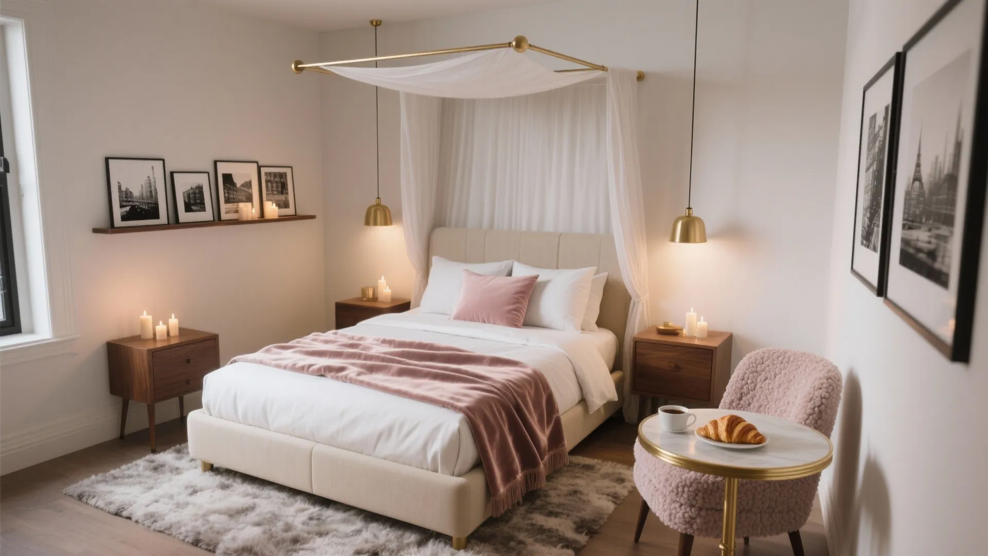 Elegant white bedroom with pink blanket canopy bed gold light fixtures and a small breakfast table