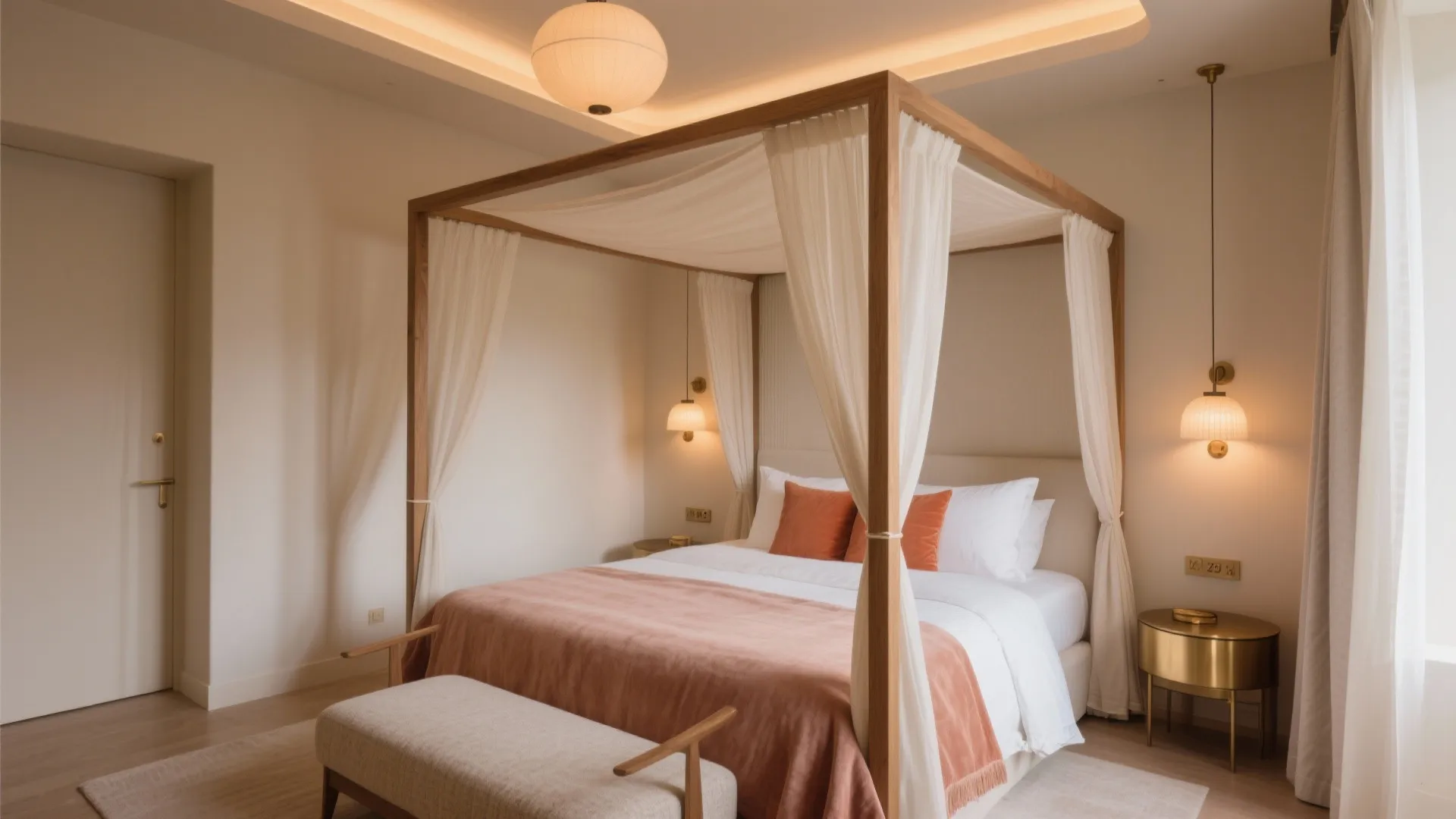 Modern bedroom featuring a wooden four poster bed with white curtains and warm wall lights