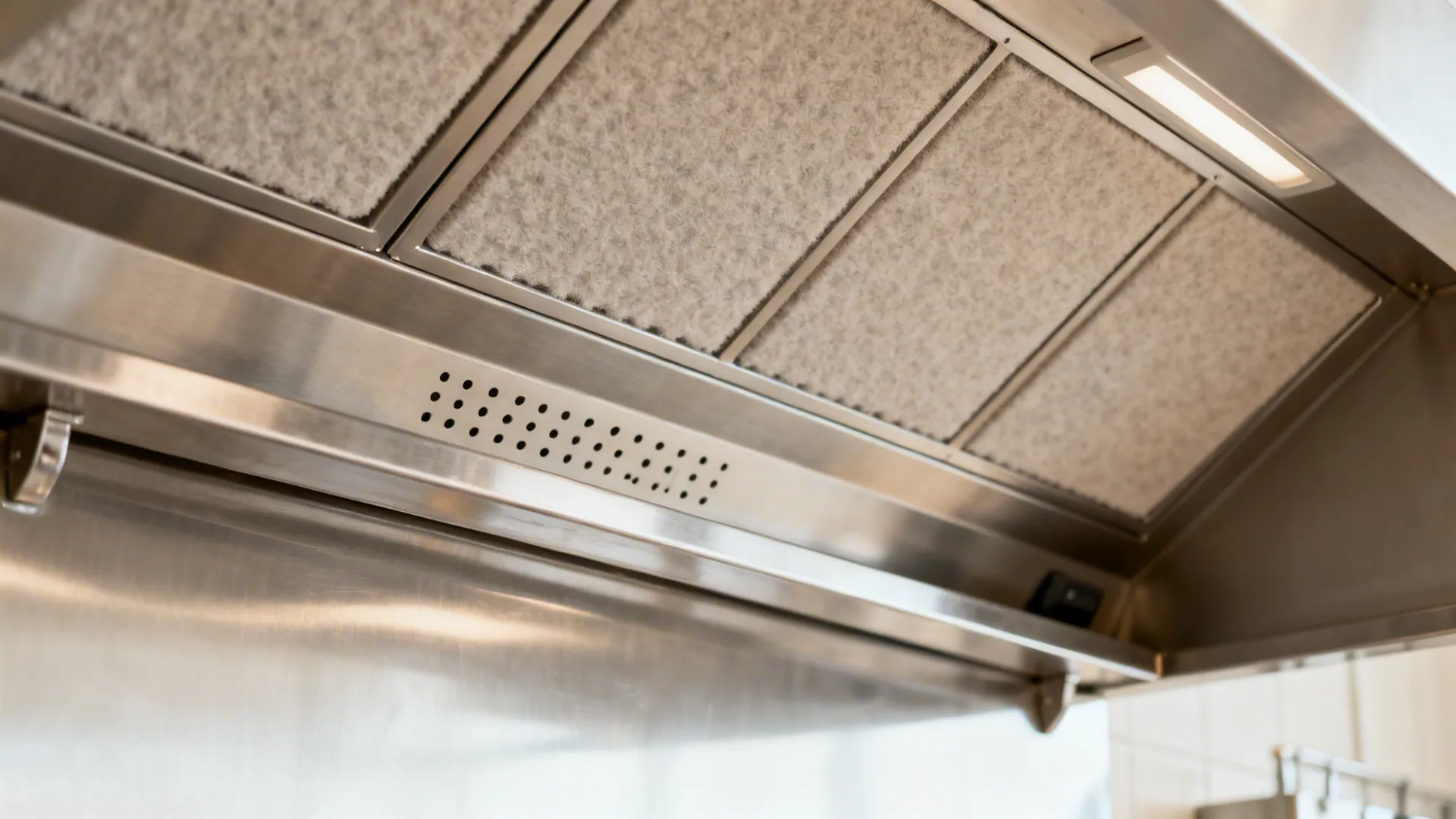 Close-up of a quiet stainless range hood and acoustic panel texture above the cook line.