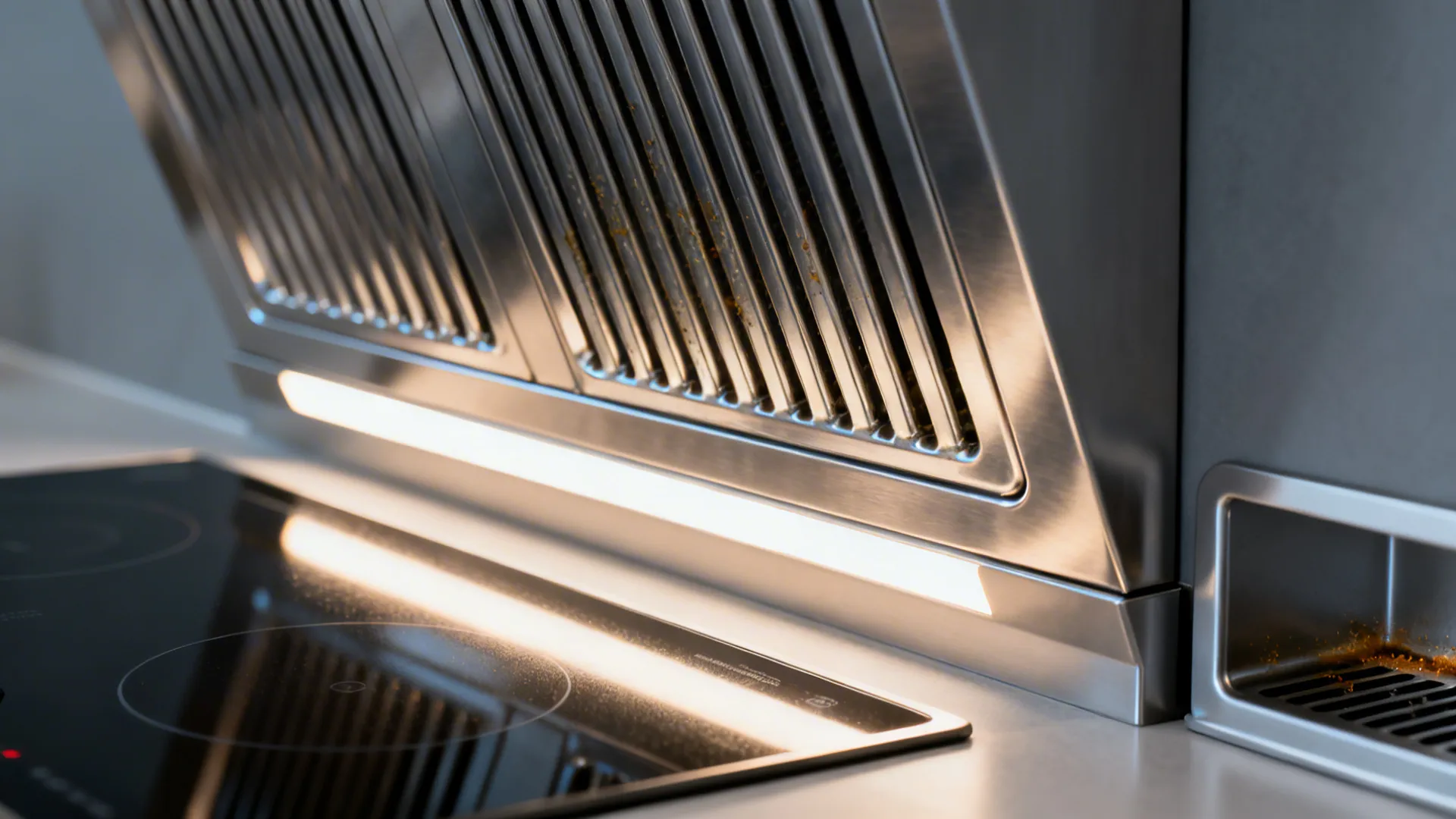 Close-up of illuminated stainless hood baffles beside a sleek induction surface and side splash.