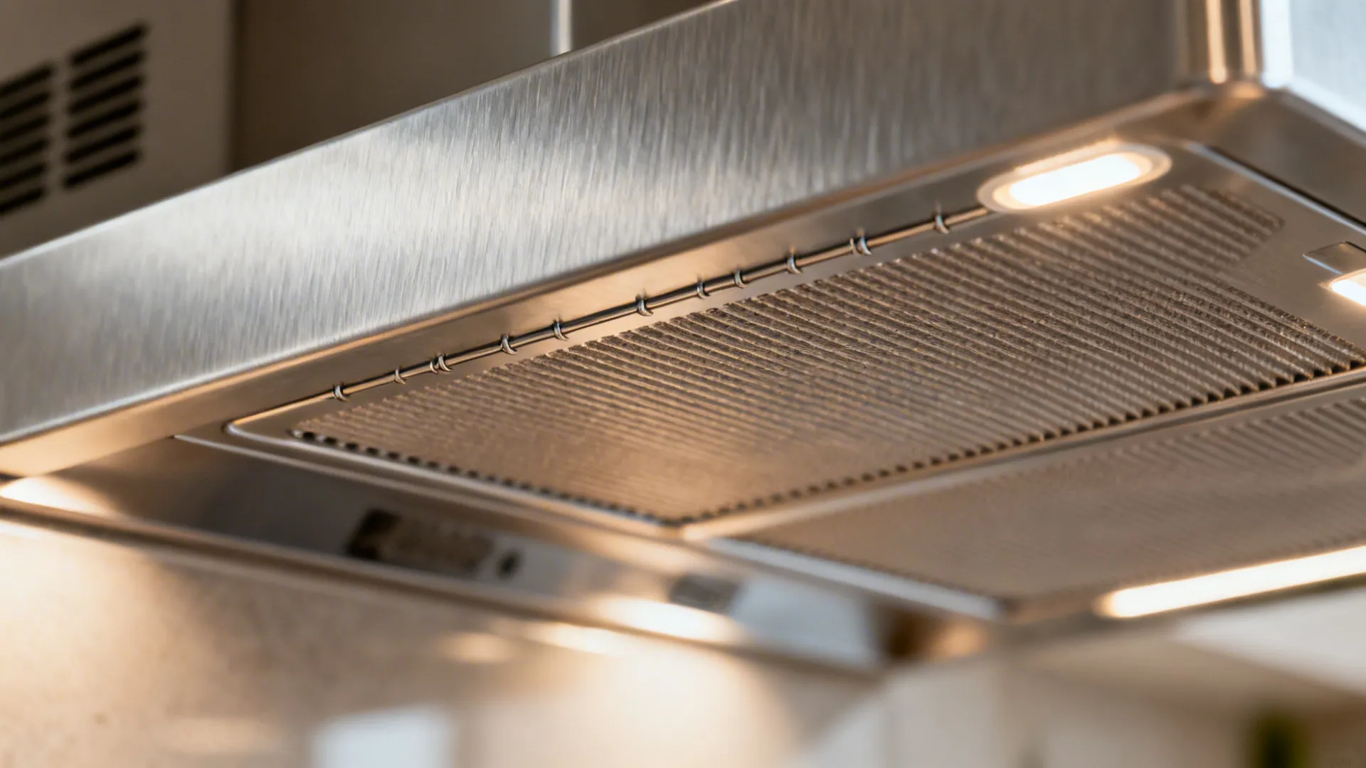 Macro of stainless baffle filters and LED lighting on a range hood.